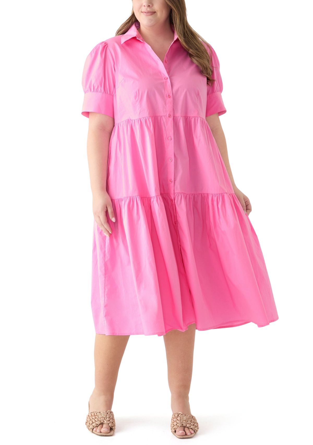 Plus Size Short Puff Sleeve Midi Shirtdress