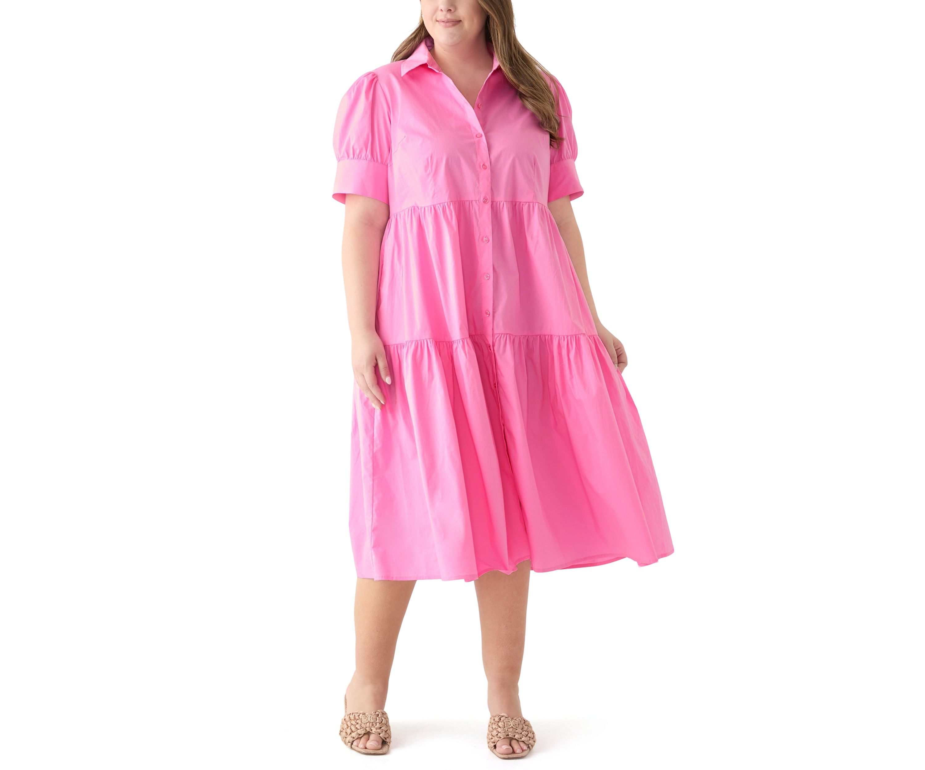Plus Size Short Puff Sleeve Midi Shirtdress