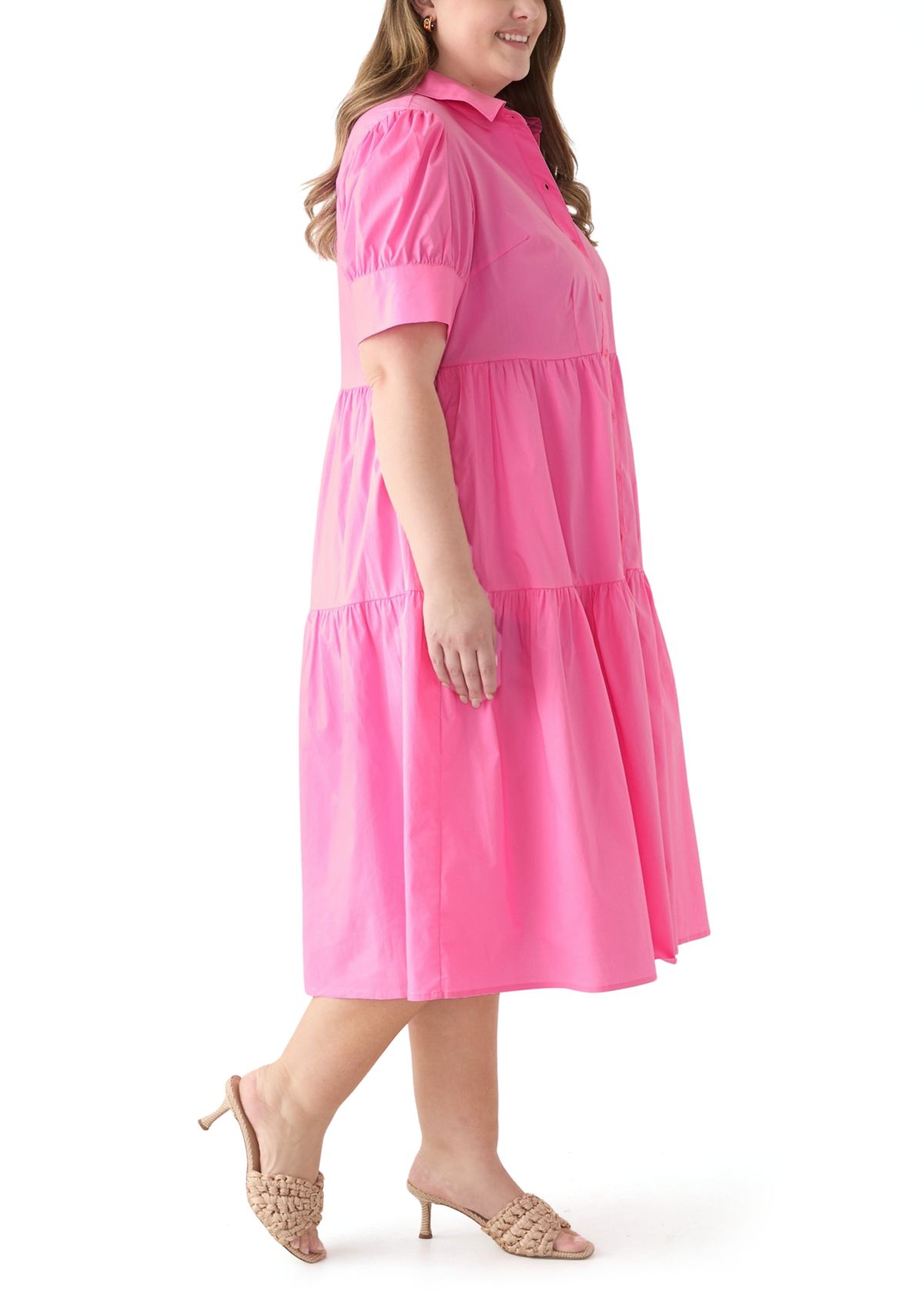 Plus Size Short Puff Sleeve Midi Shirtdress