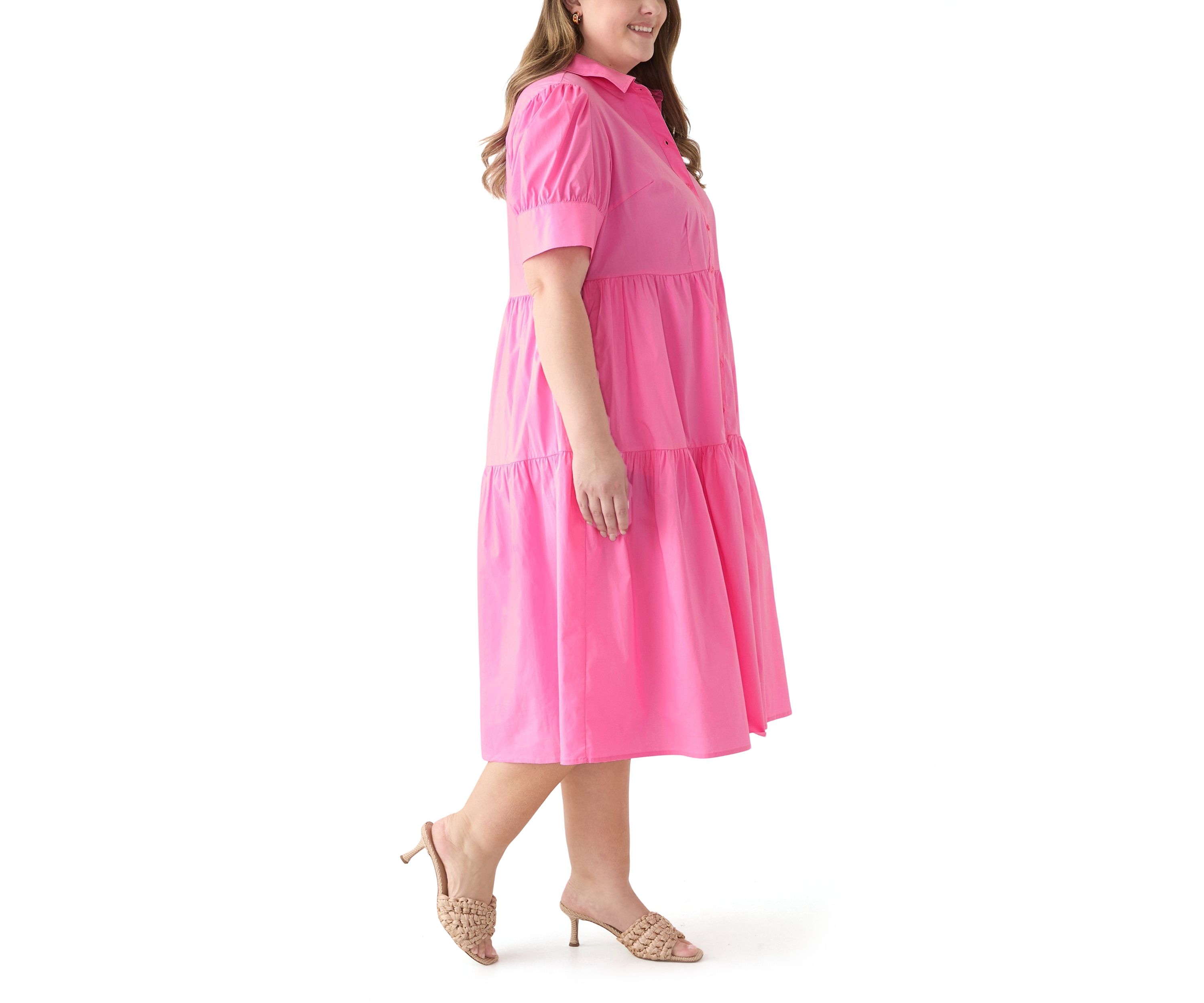 Plus Size Short Puff Sleeve Midi Shirtdress