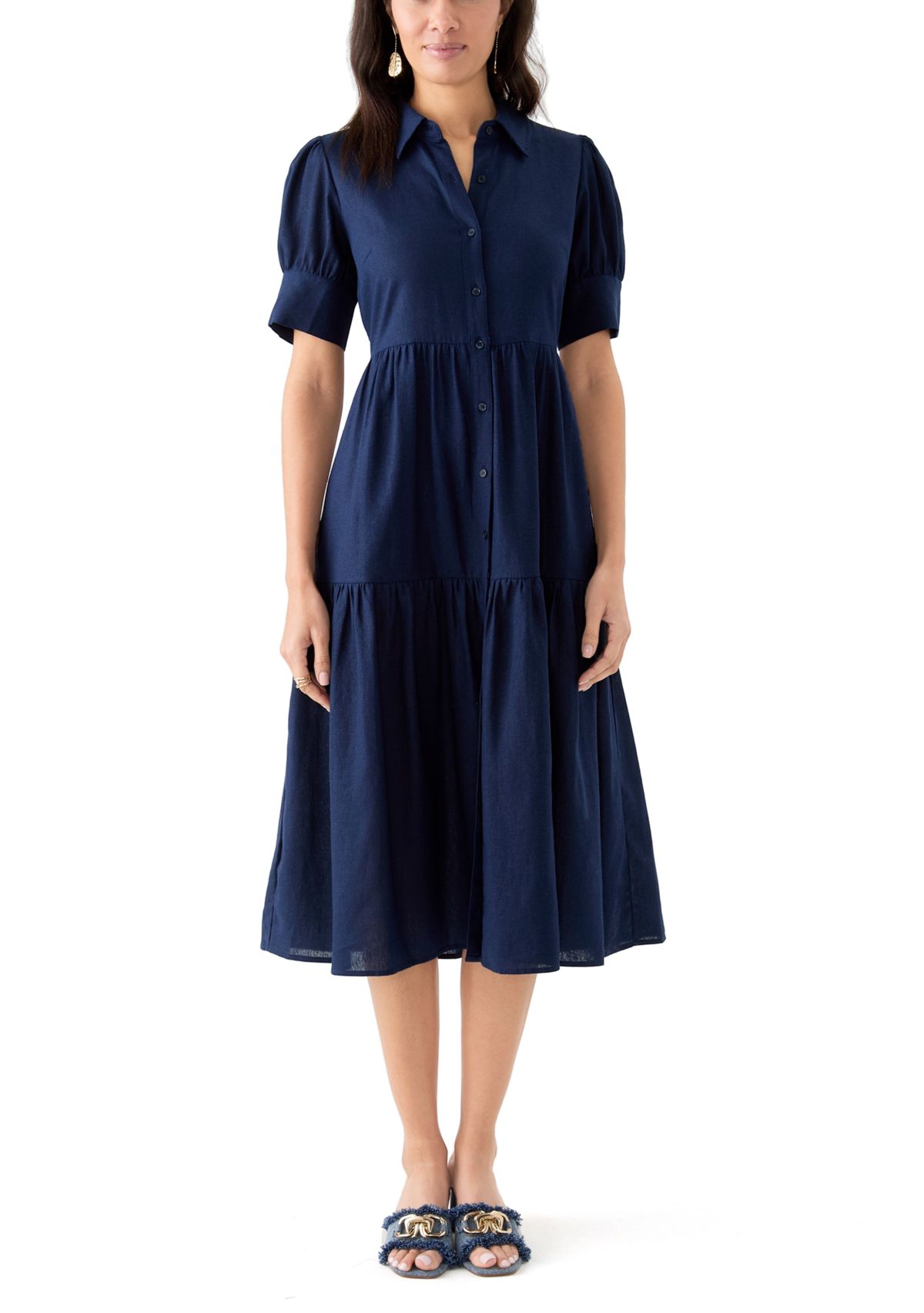 Womens Short Sleeve Tiered Linen Blend Shirtdress 