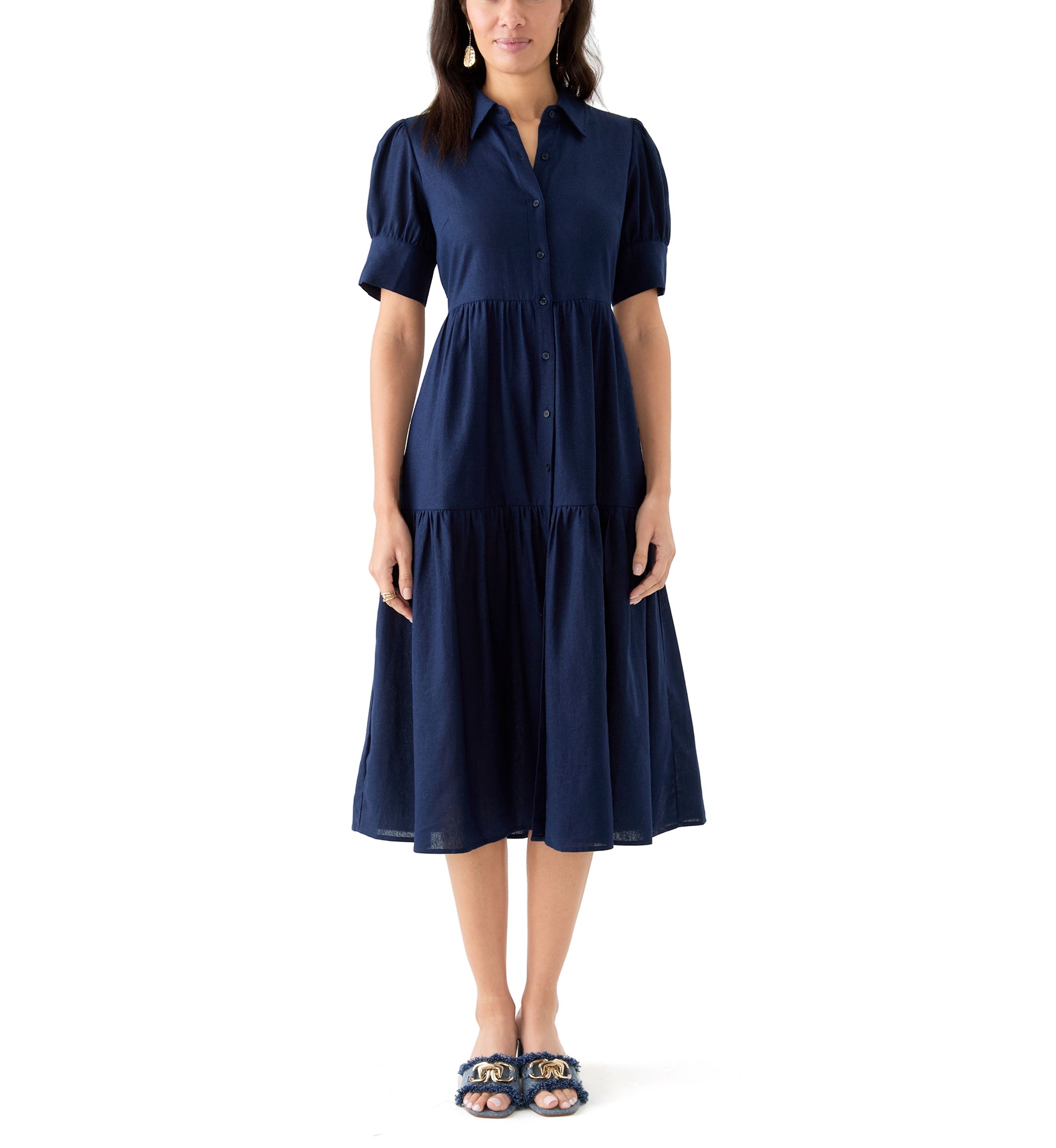 Womens Short Sleeve Tiered Linen Blend Shirtdress 