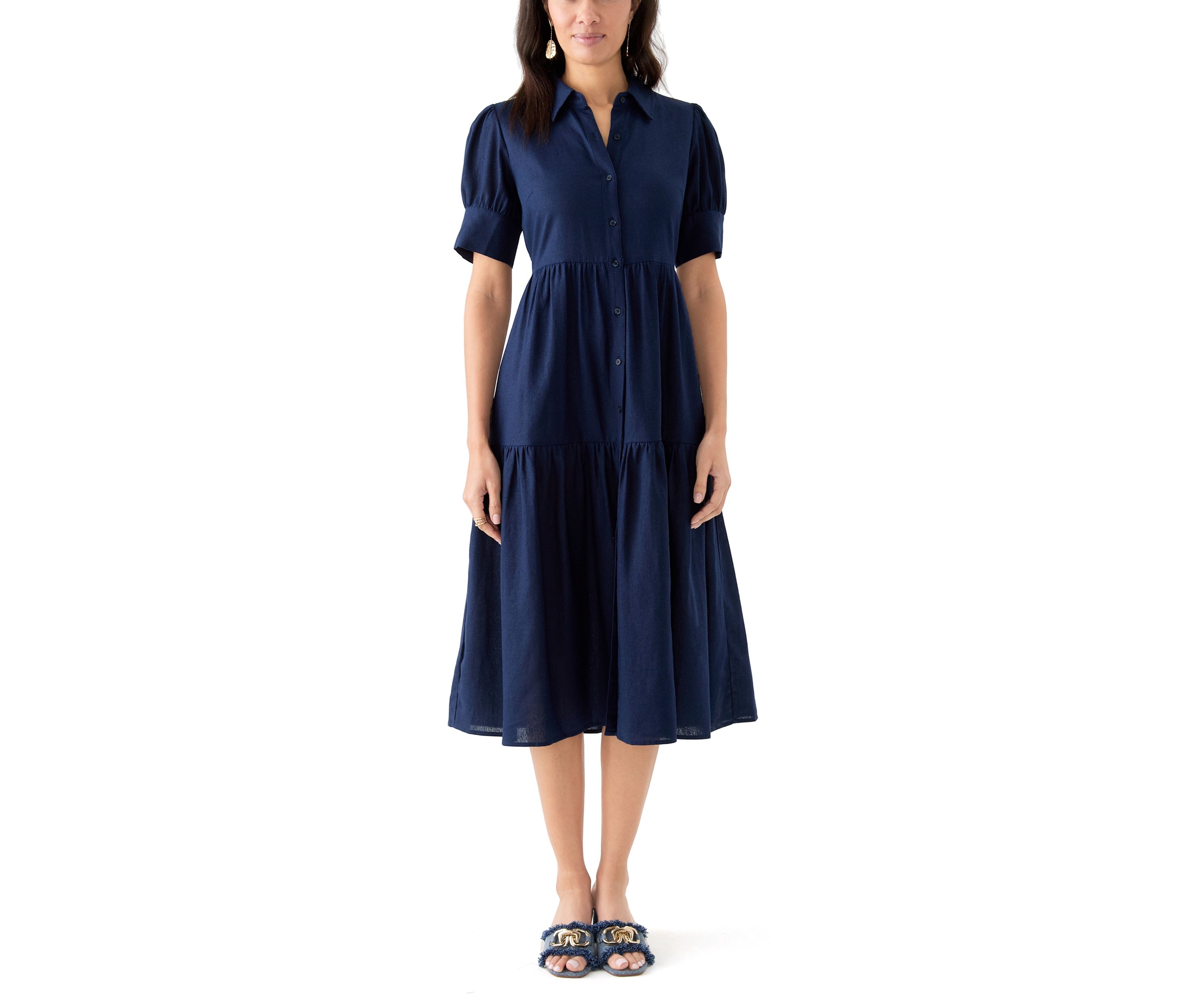 Womens Short Sleeve Tiered Linen Blend Shirtdress 