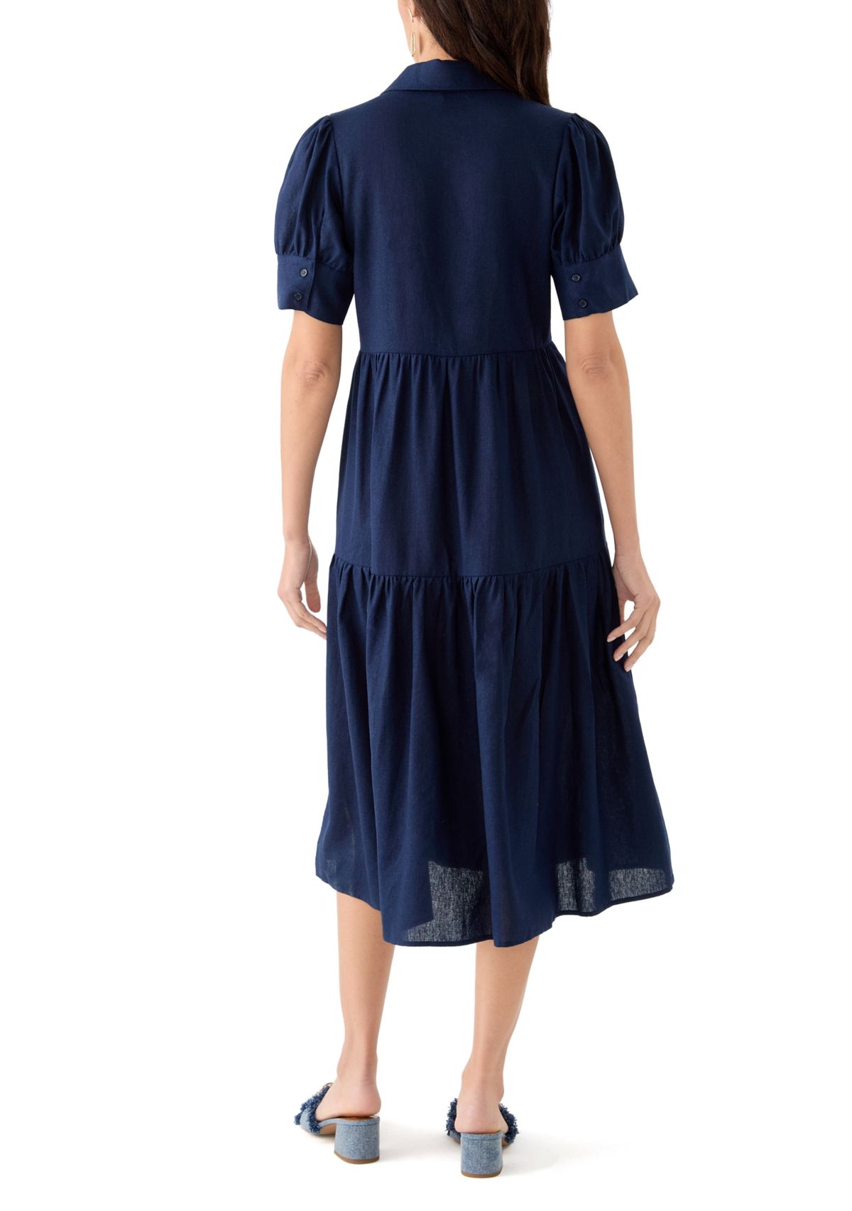 Womens Short Sleeve Tiered Linen Blend Shirtdress 