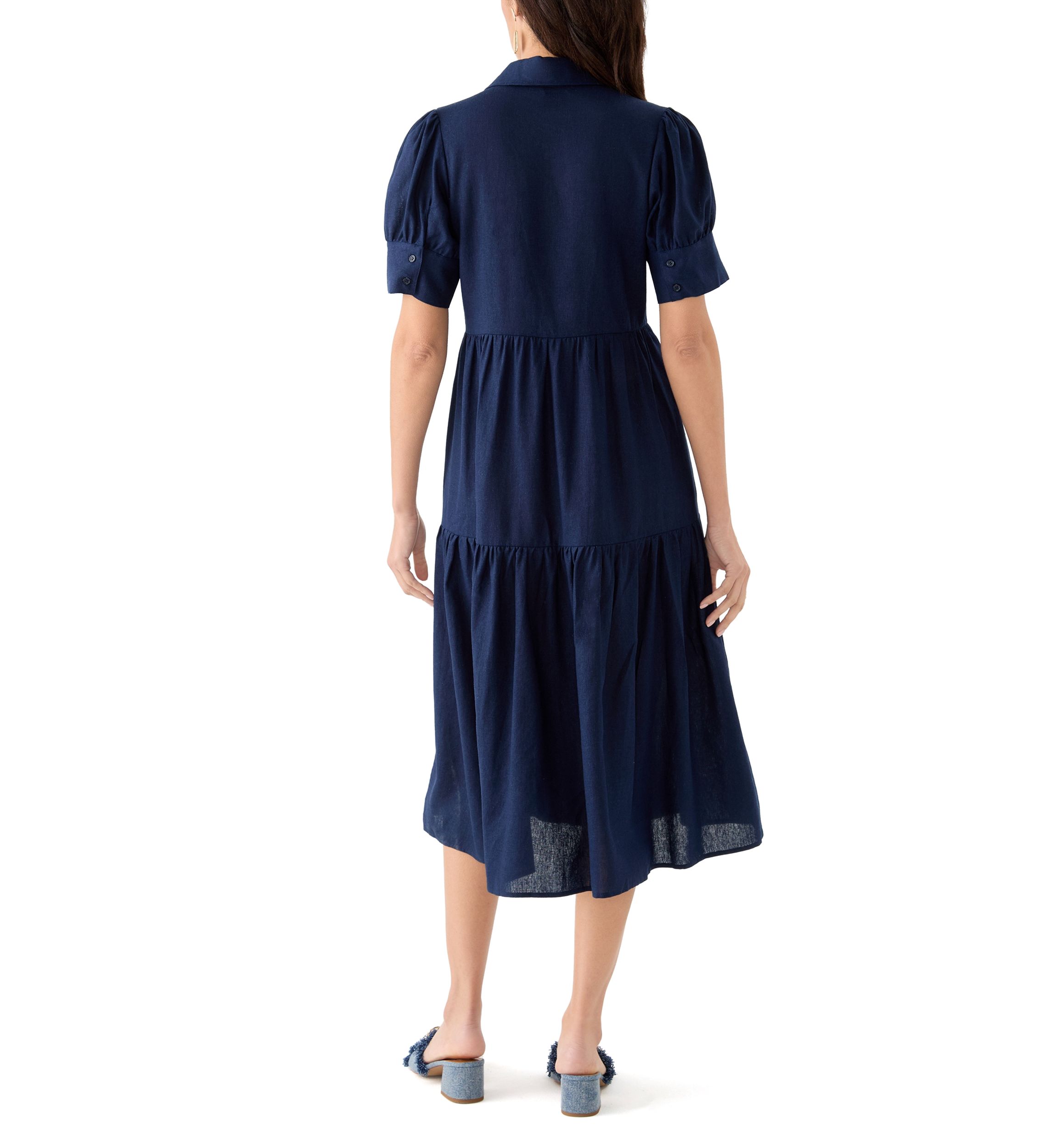 Womens Short Sleeve Tiered Linen Blend Shirtdress 