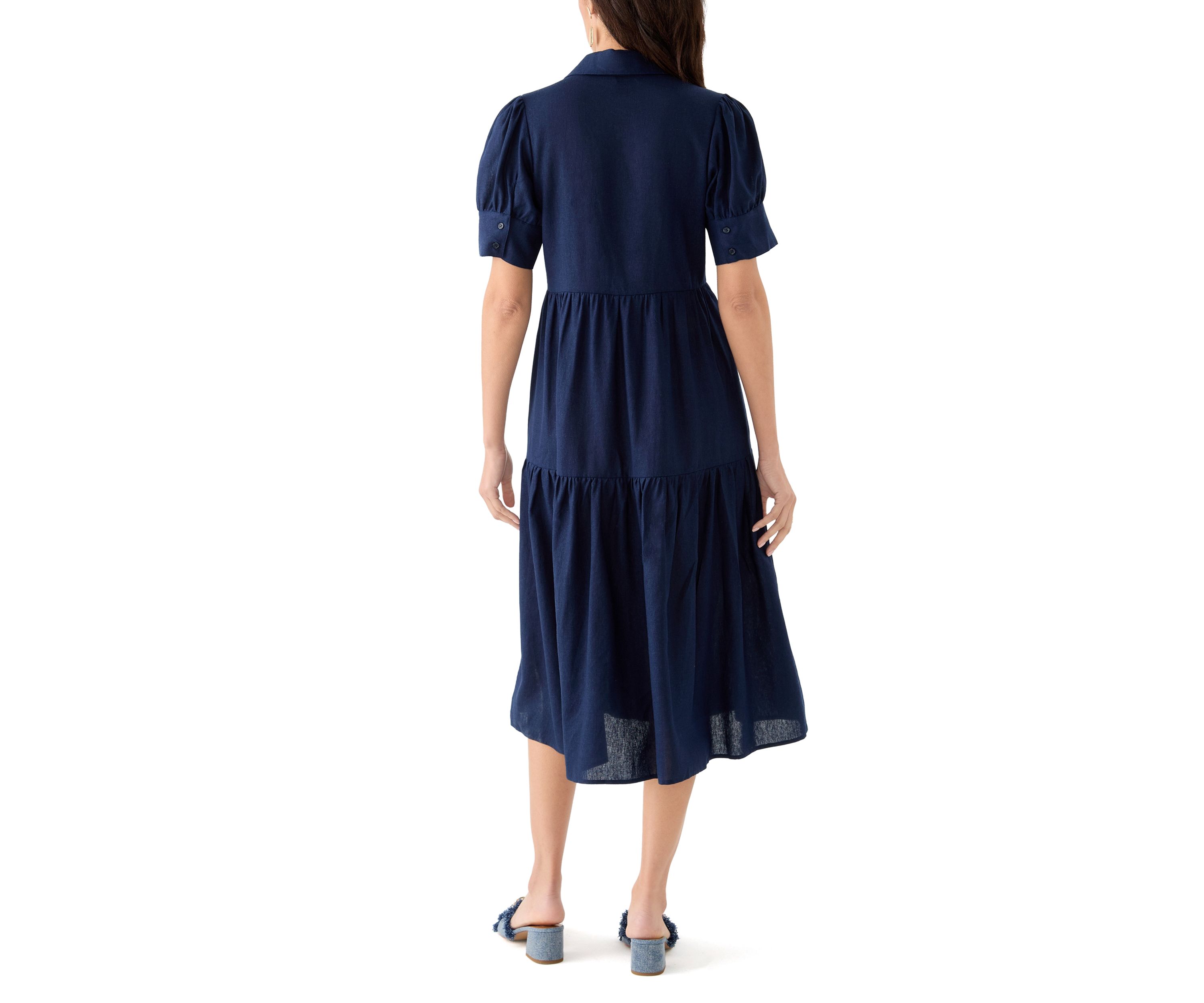 Womens Short Sleeve Tiered Linen Blend Shirtdress 