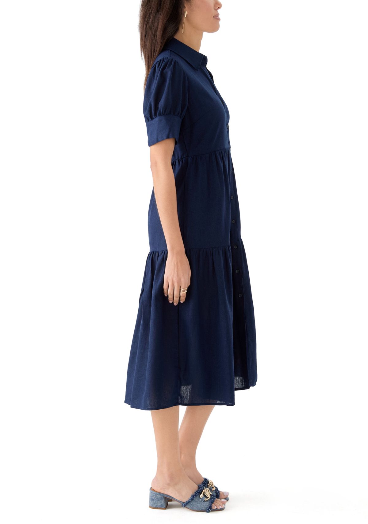 Womens Short Sleeve Tiered Linen Blend Shirtdress 