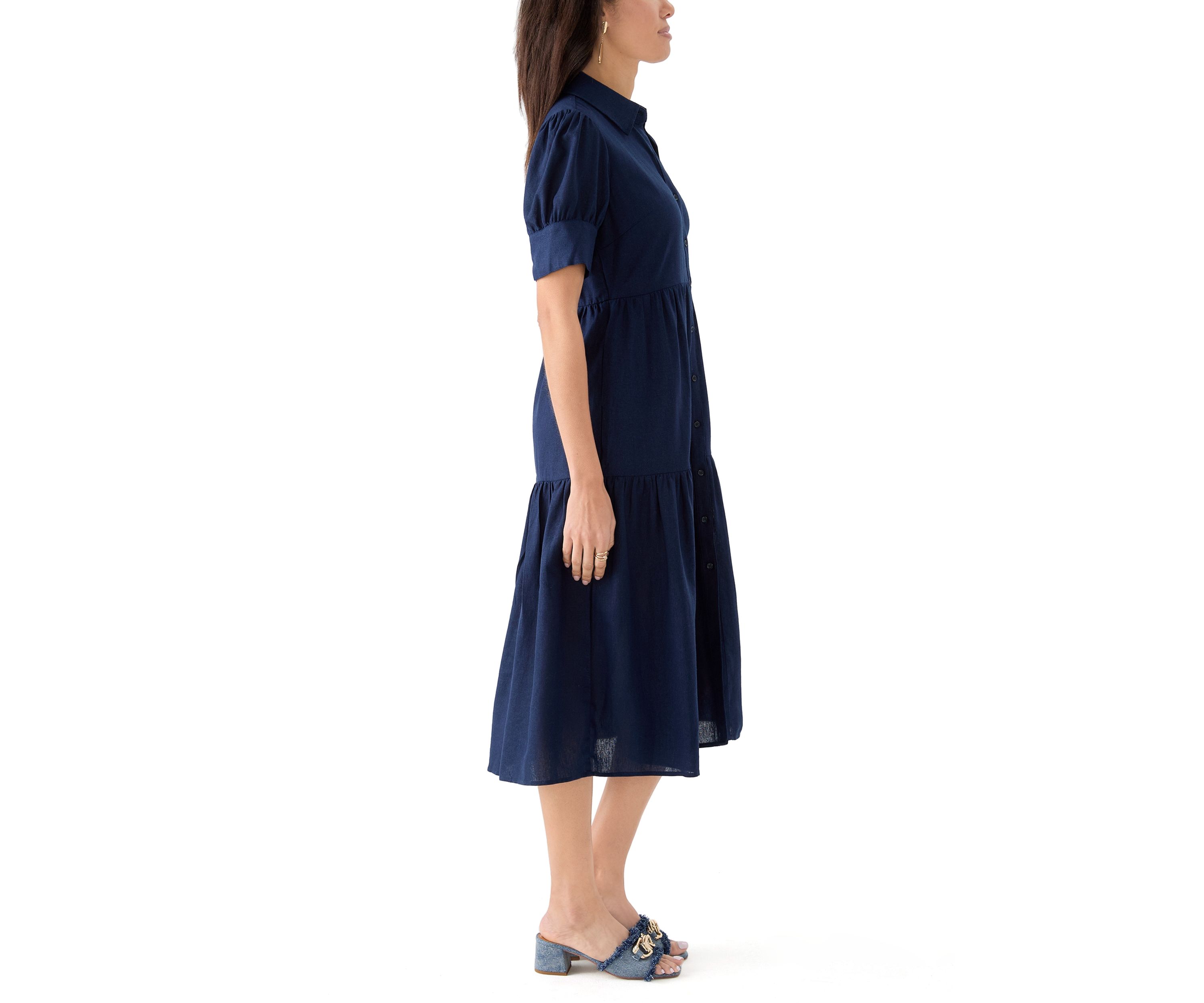 Womens Short Sleeve Tiered Linen Blend Shirtdress 