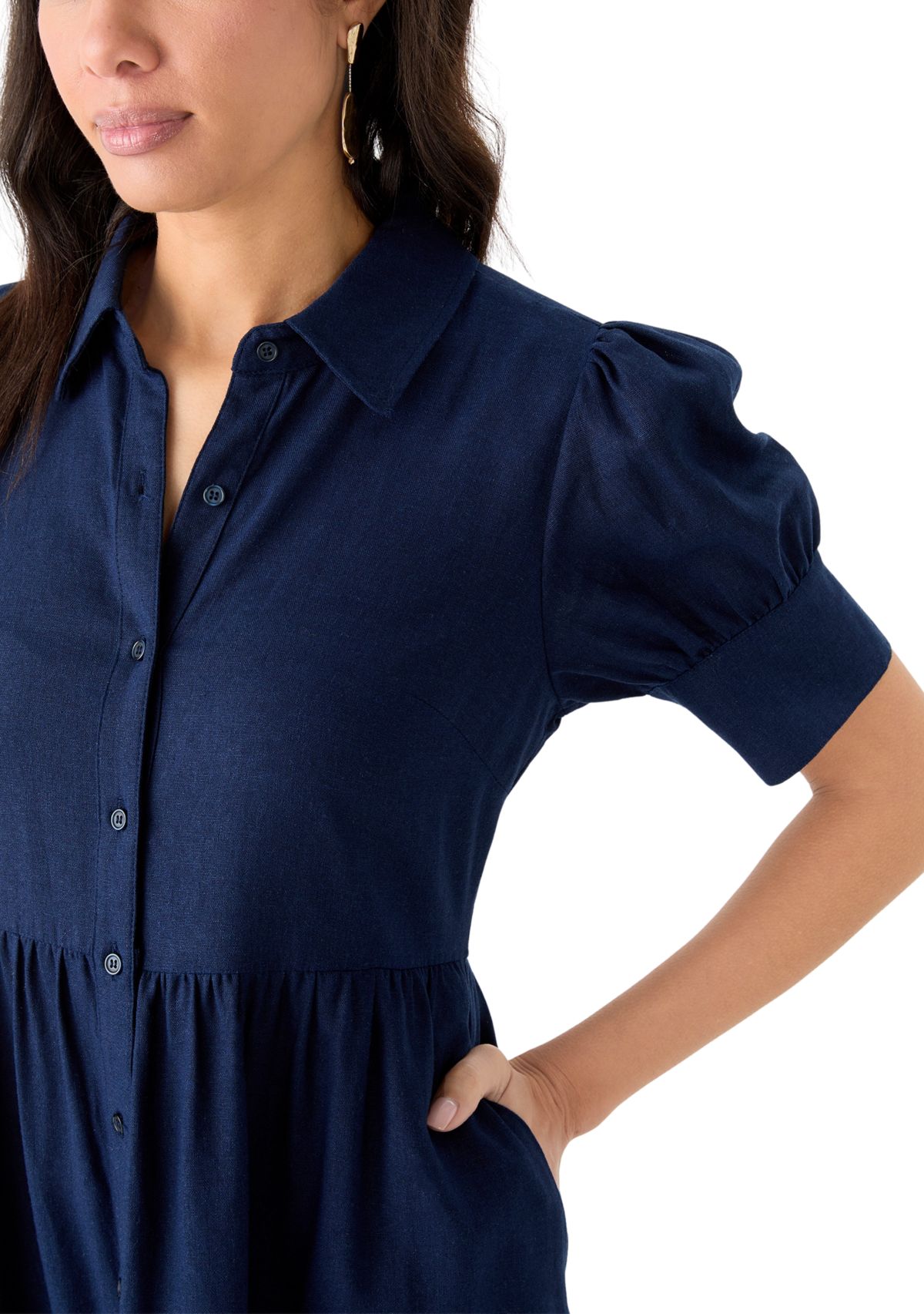 Womens Short Sleeve Tiered Linen Blend Shirtdress 