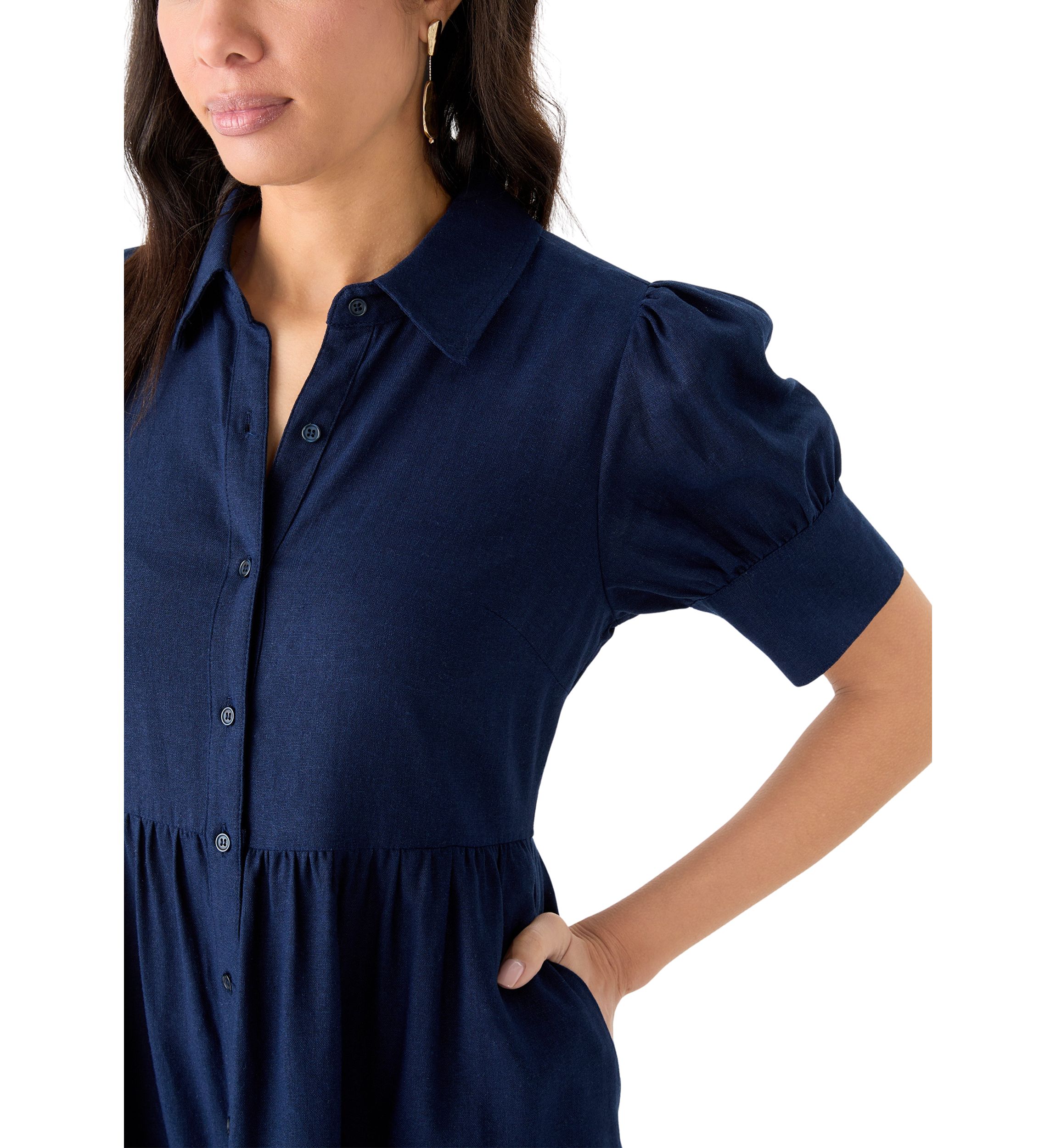 Womens Short Sleeve Tiered Linen Blend Shirtdress 