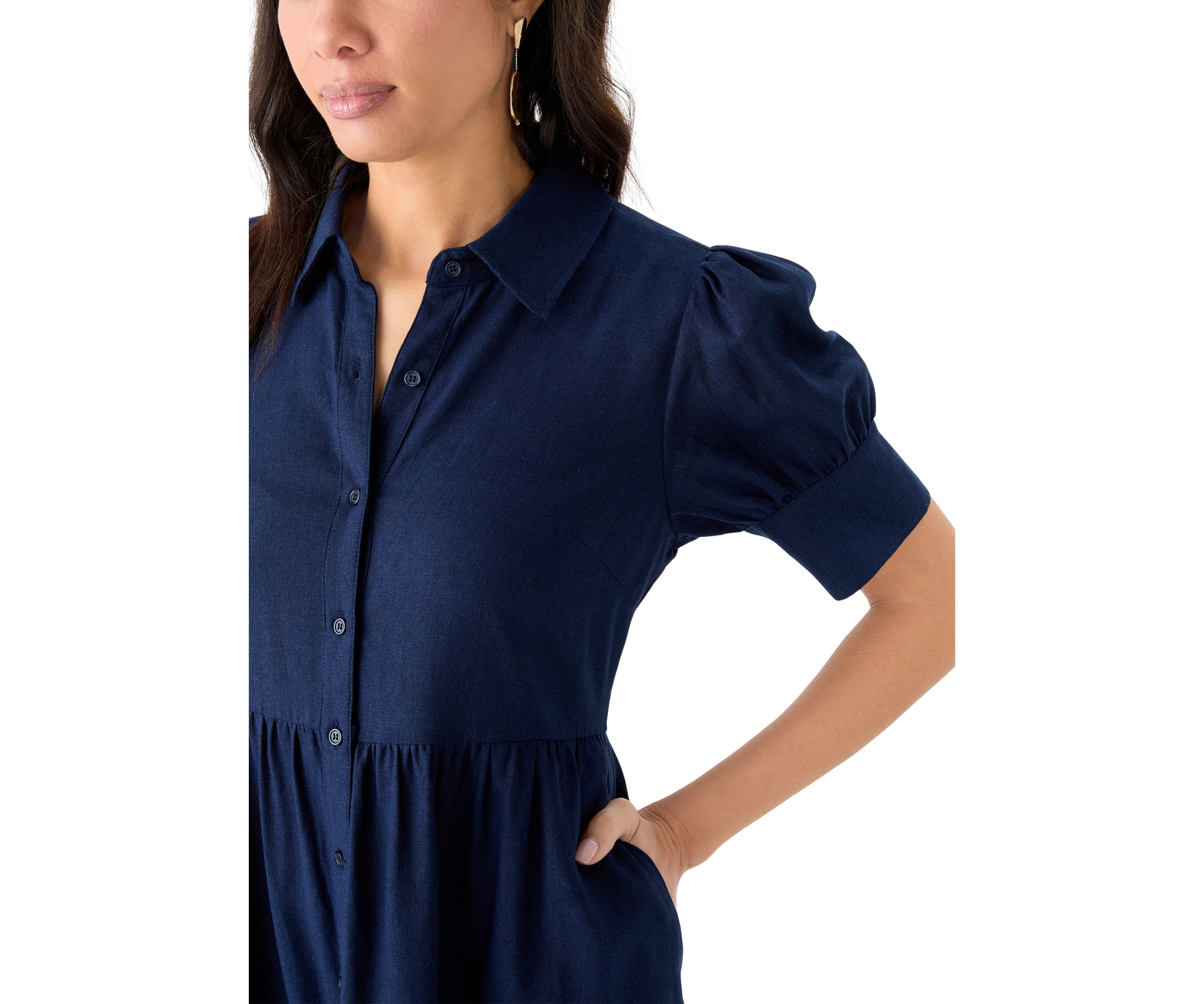 Womens Short Sleeve Tiered Linen Blend Shirtdress 