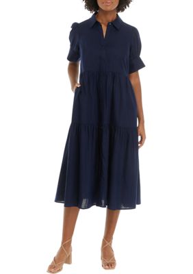 Women's Puff Sleeve Linen Midi Dress