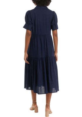 Women's Puff Sleeve Linen Midi Dress