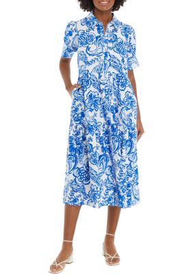 Women's Puff Sleeve Printed Midi Dress
