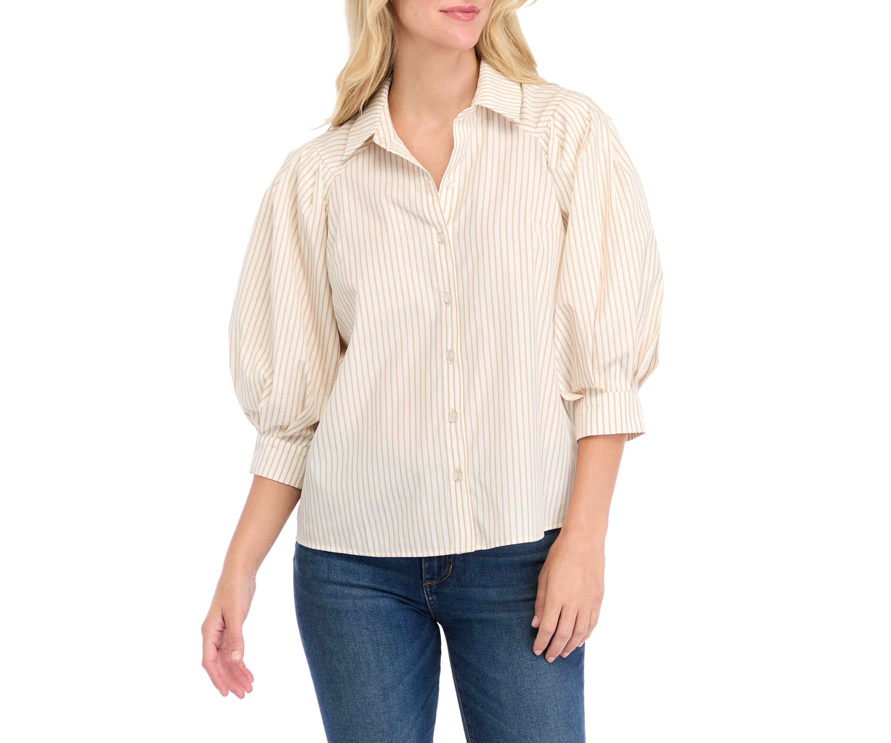 Petite Balloon Sleeve Striped Woven Blouse 
