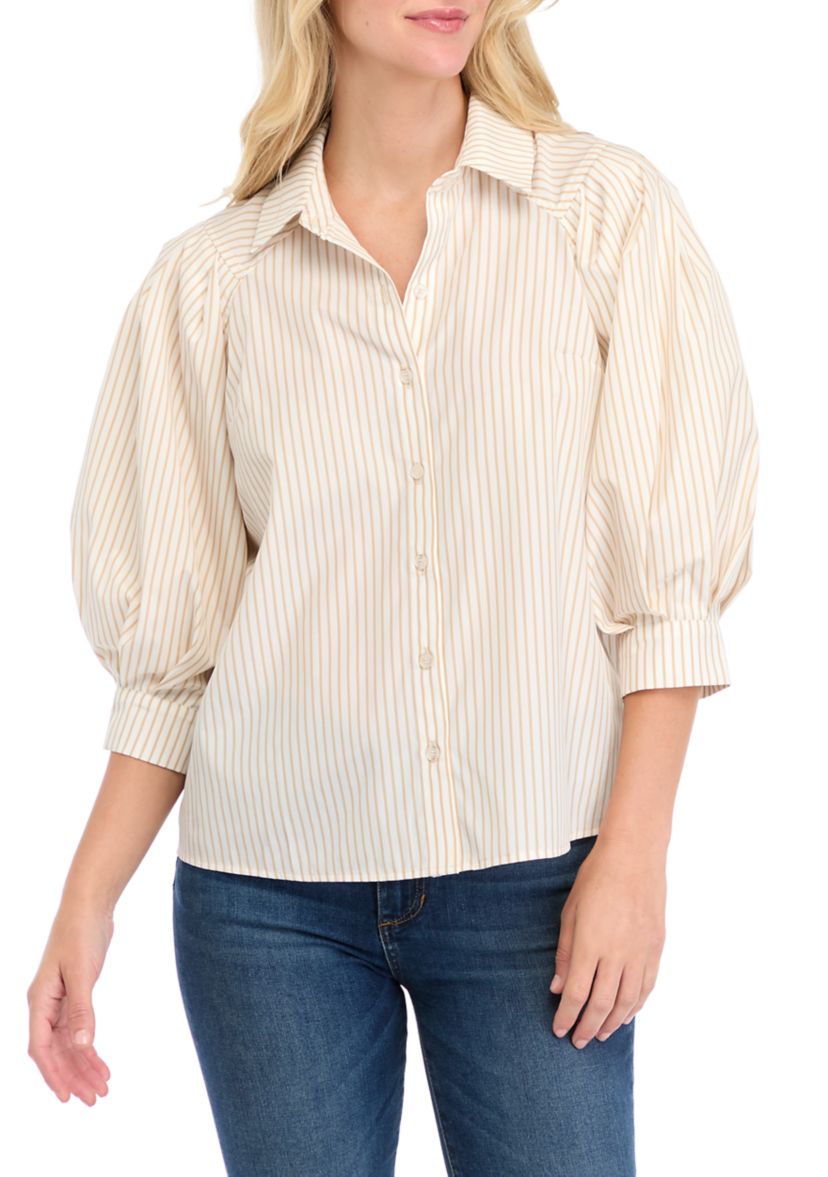 Petite Balloon Sleeve Striped Woven Blouse 