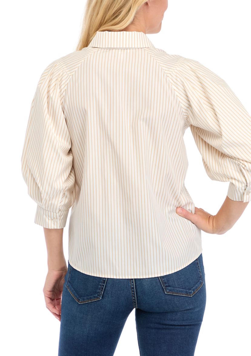 Petite Balloon Sleeve Striped Woven Blouse 