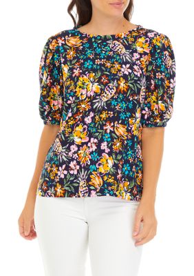 Crown & Ivy Women's Floral Printed Drapey Knot Back Top, Navy Blue, Small