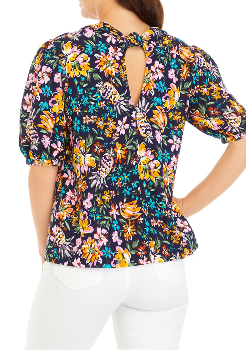 Womens Floral Printed Drapey Knot Back Top