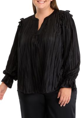 Crown & Ivy Women's Plus Size Flutter Sleeve Notched Neck Blouse, Black, 4X
