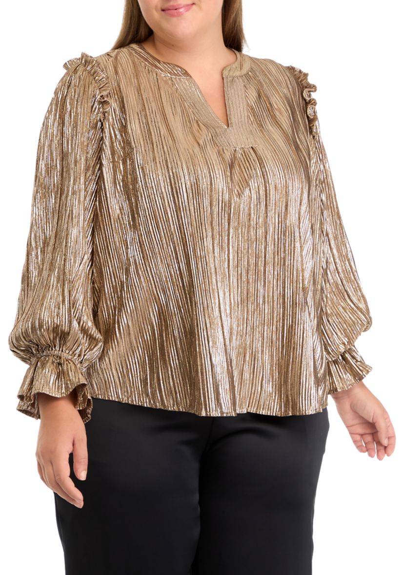 Plus Size Flutter Sleeve Notched Neck Blouse