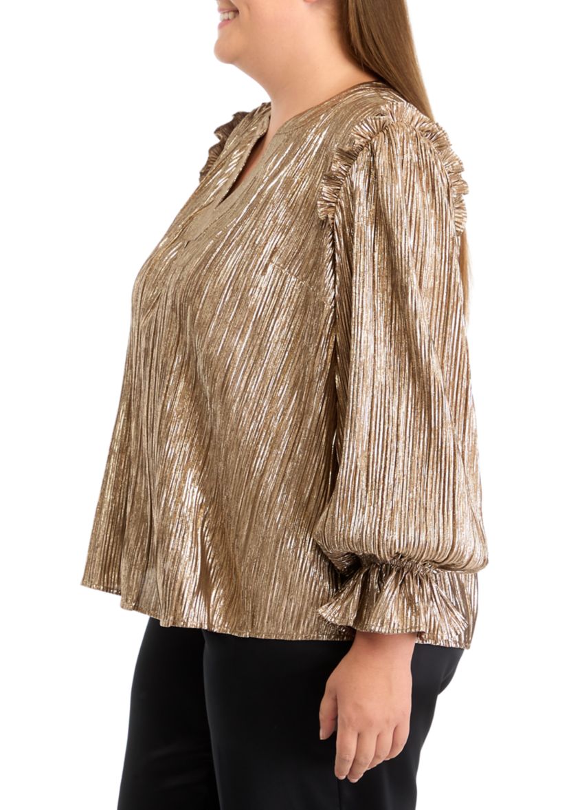 Plus Size Flutter Sleeve Notched Neck Blouse