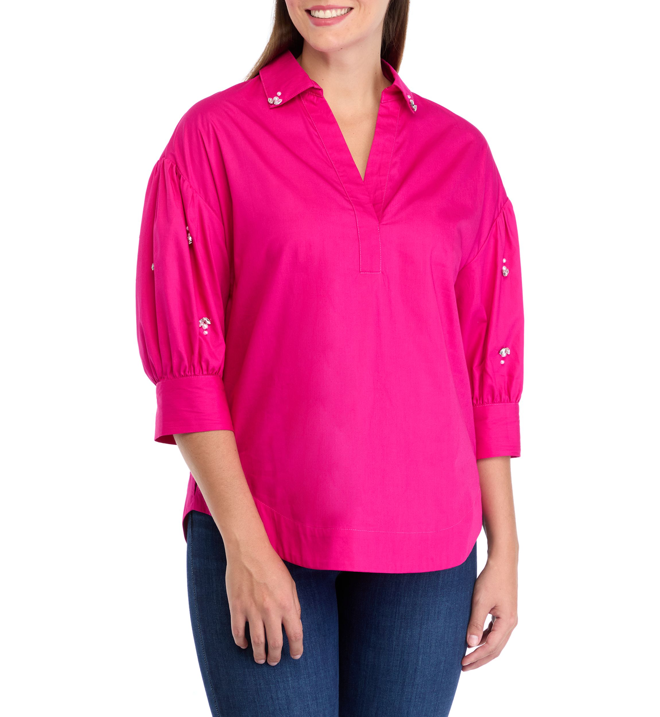 Womens Button Front Jewel Sleeve Shirt