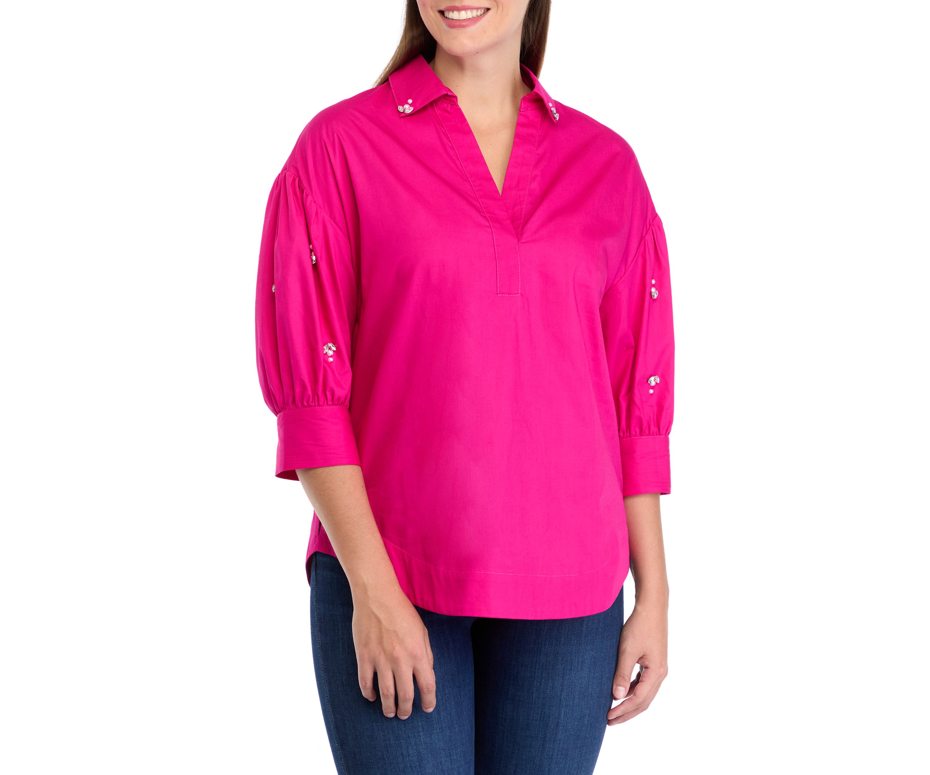 Womens Button Front Jewel Sleeve Shirt