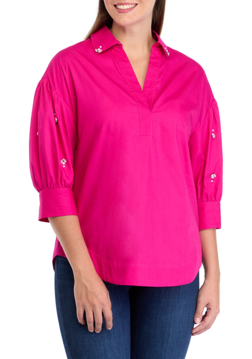 Womens Button Front Jewel Sleeve Shirt