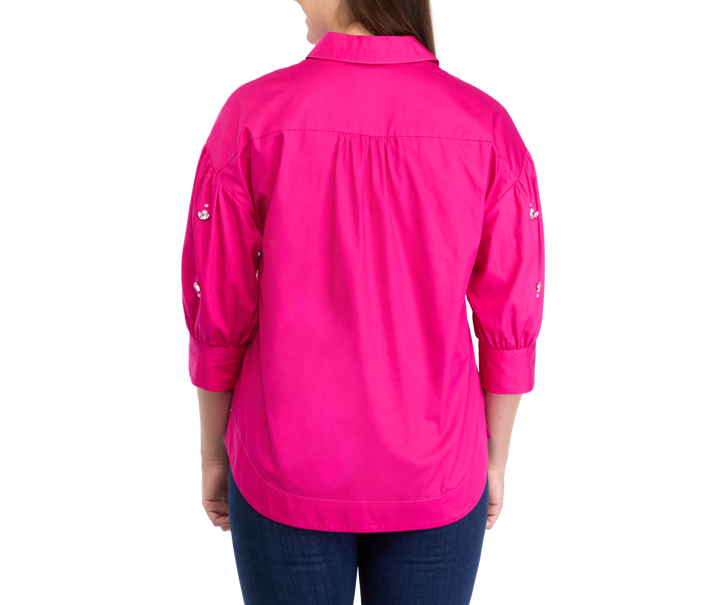 Womens Button Front Jewel Sleeve Shirt