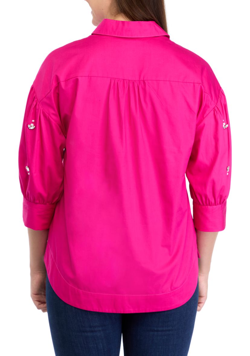 Womens Button Front Jewel Sleeve Shirt