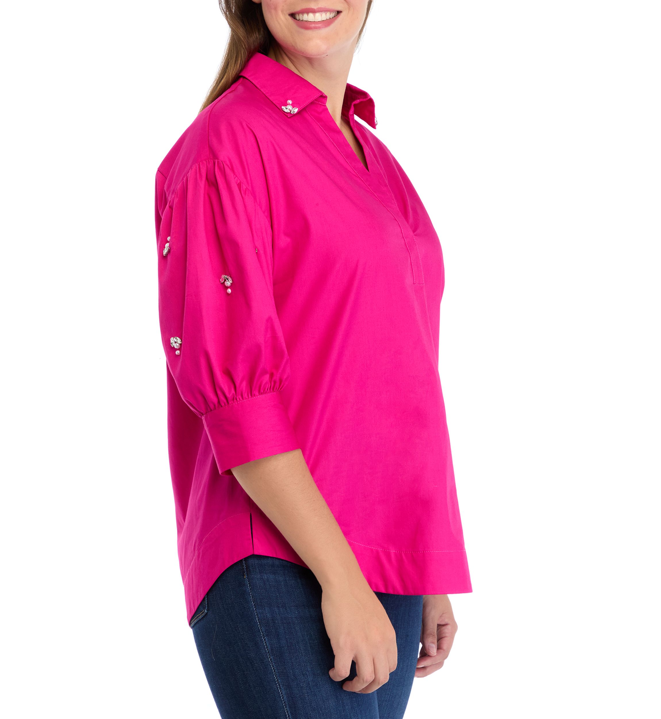 Womens Button Front Jewel Sleeve Shirt