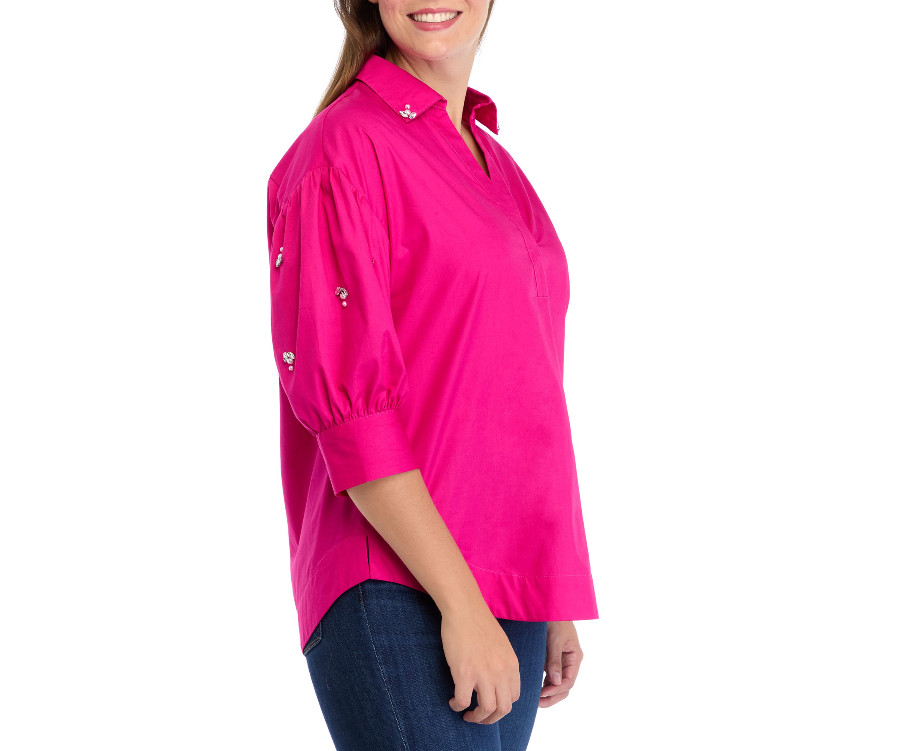 Womens Button Front Jewel Sleeve Shirt