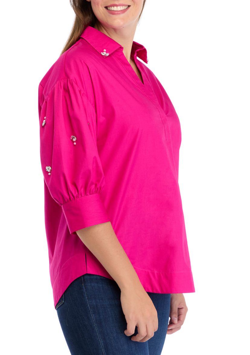 Womens Button Front Jewel Sleeve Shirt