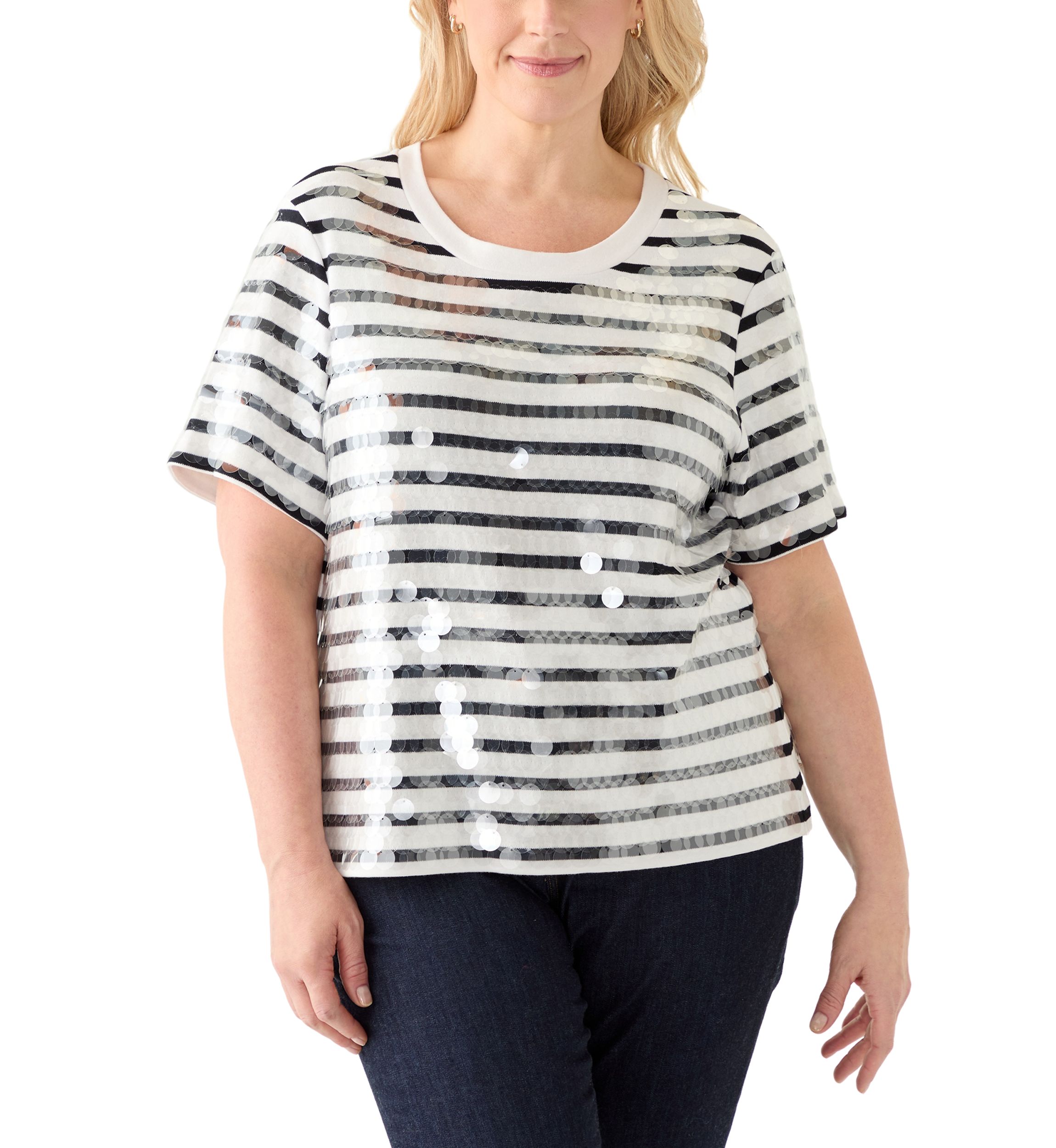 Plus Size Stripe Clear Sequin T-Shirt