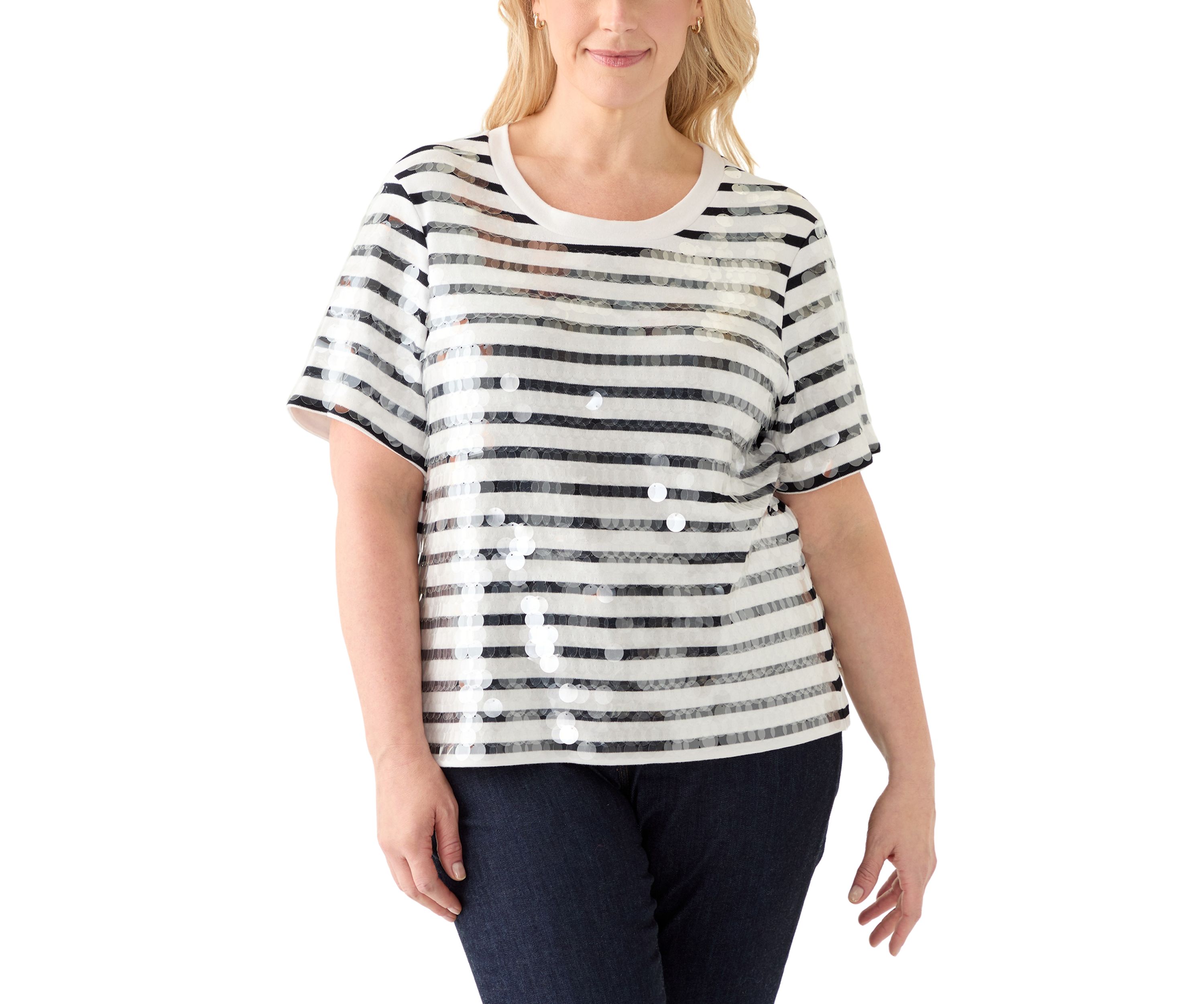 Plus Size Stripe Clear Sequin T-Shirt