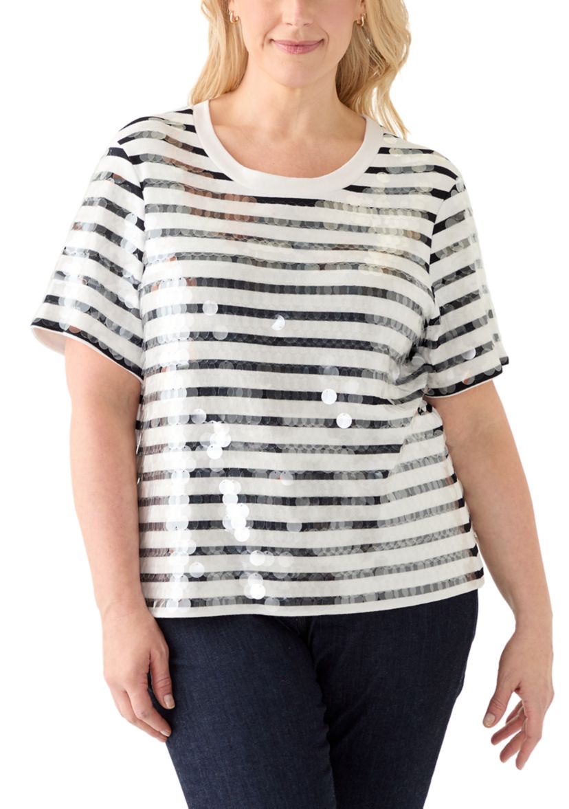 Plus Size Stripe Clear Sequin T-Shirt
