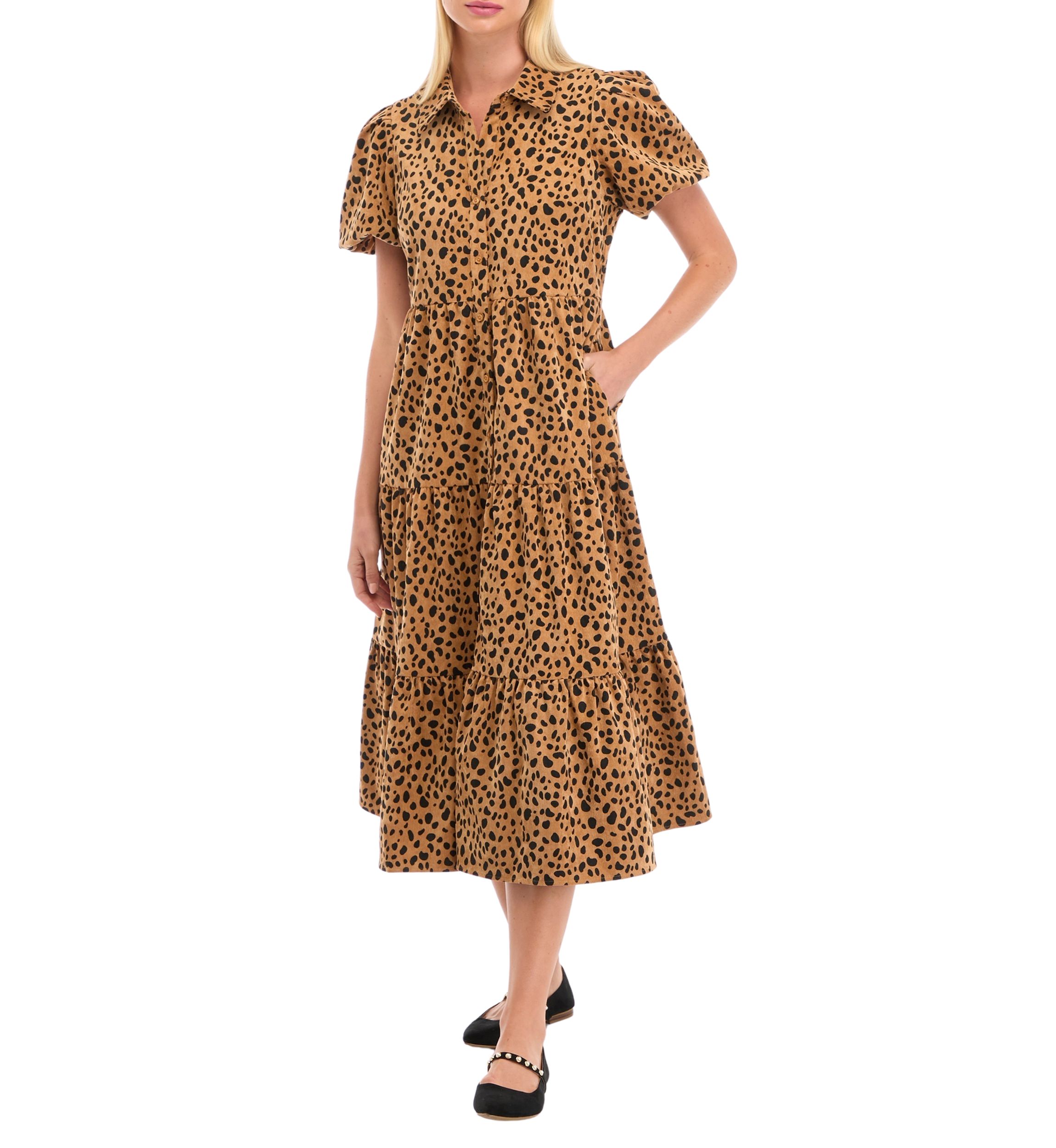 Womens Puff Sleeve Animal Print Midi Dress