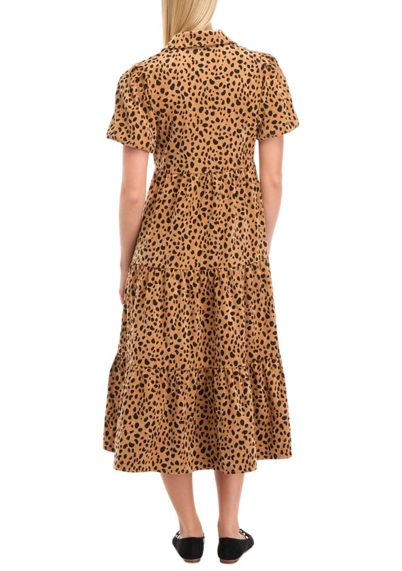 Womens Puff Sleeve Animal Print Midi Dress