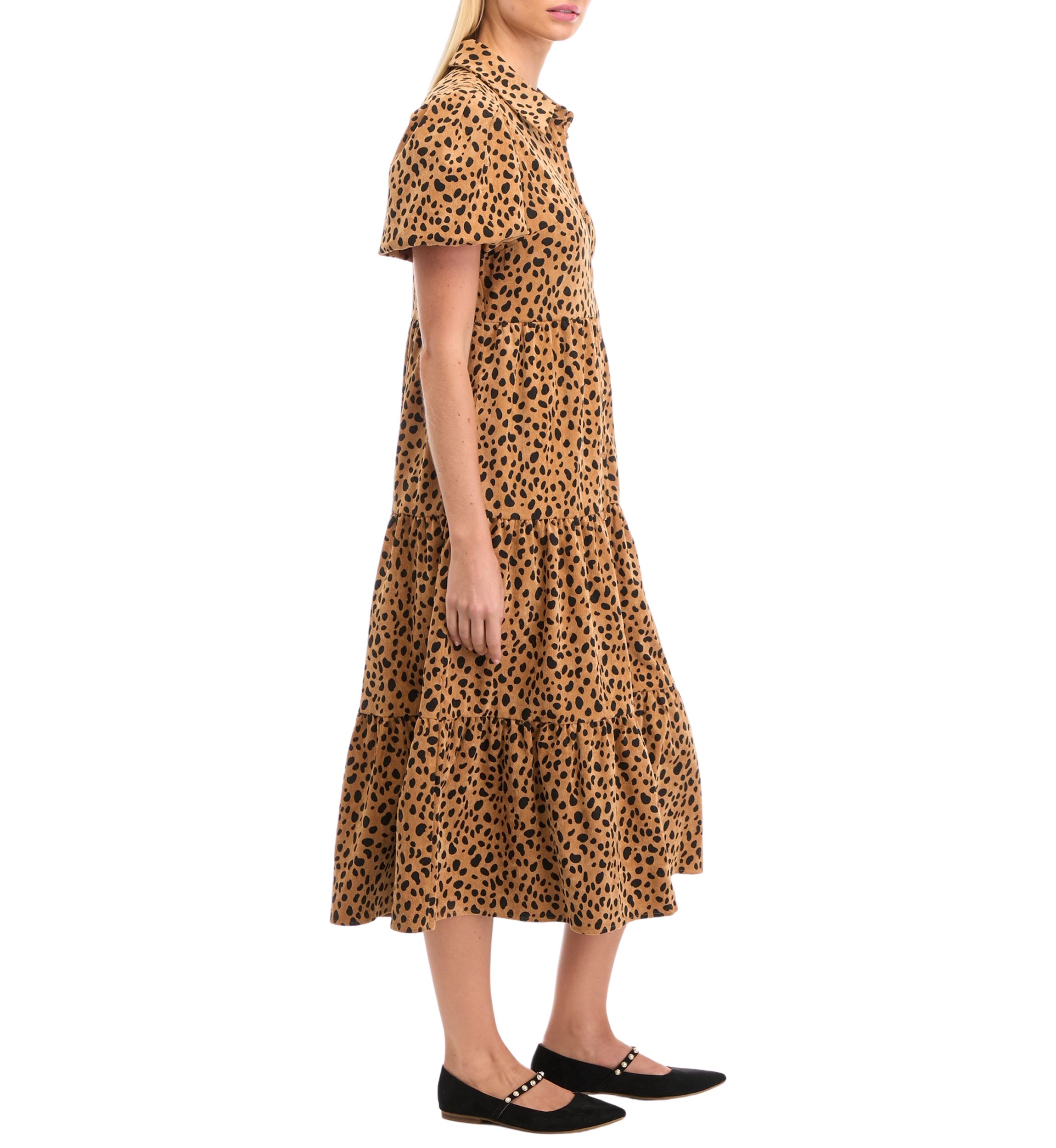 Womens Puff Sleeve Animal Print Midi Dress