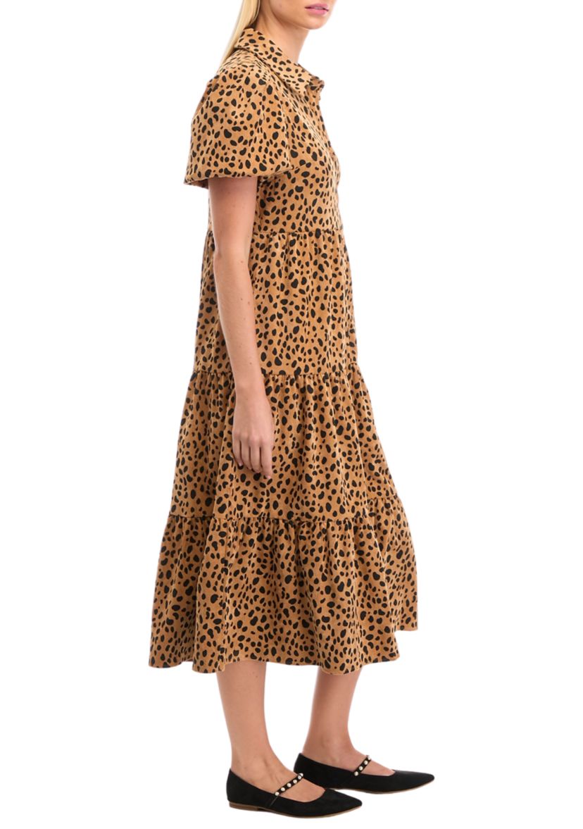 Womens Puff Sleeve Animal Print Midi Dress