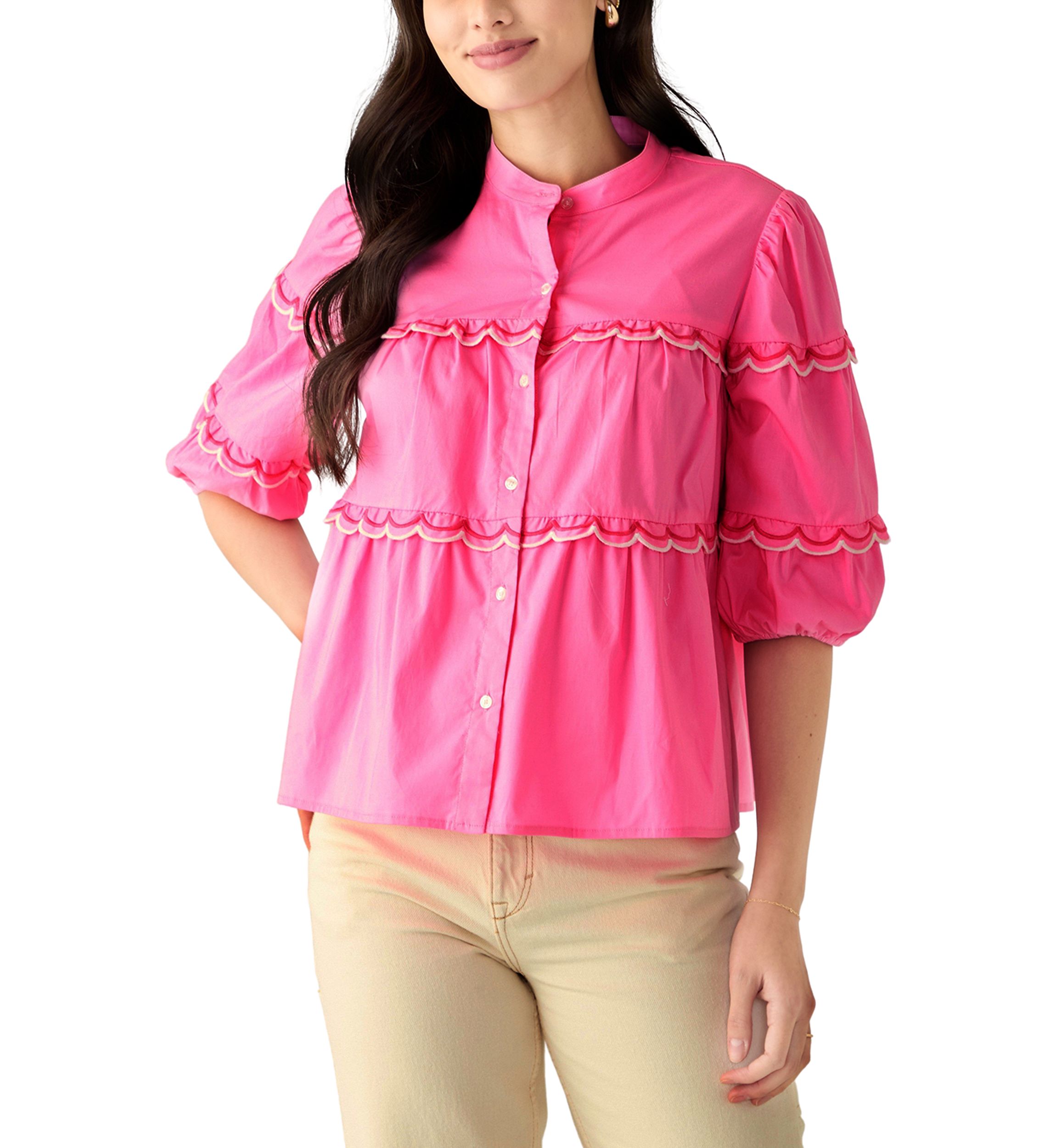 Petite Button Front Scallop Tiered Woven Blouse
