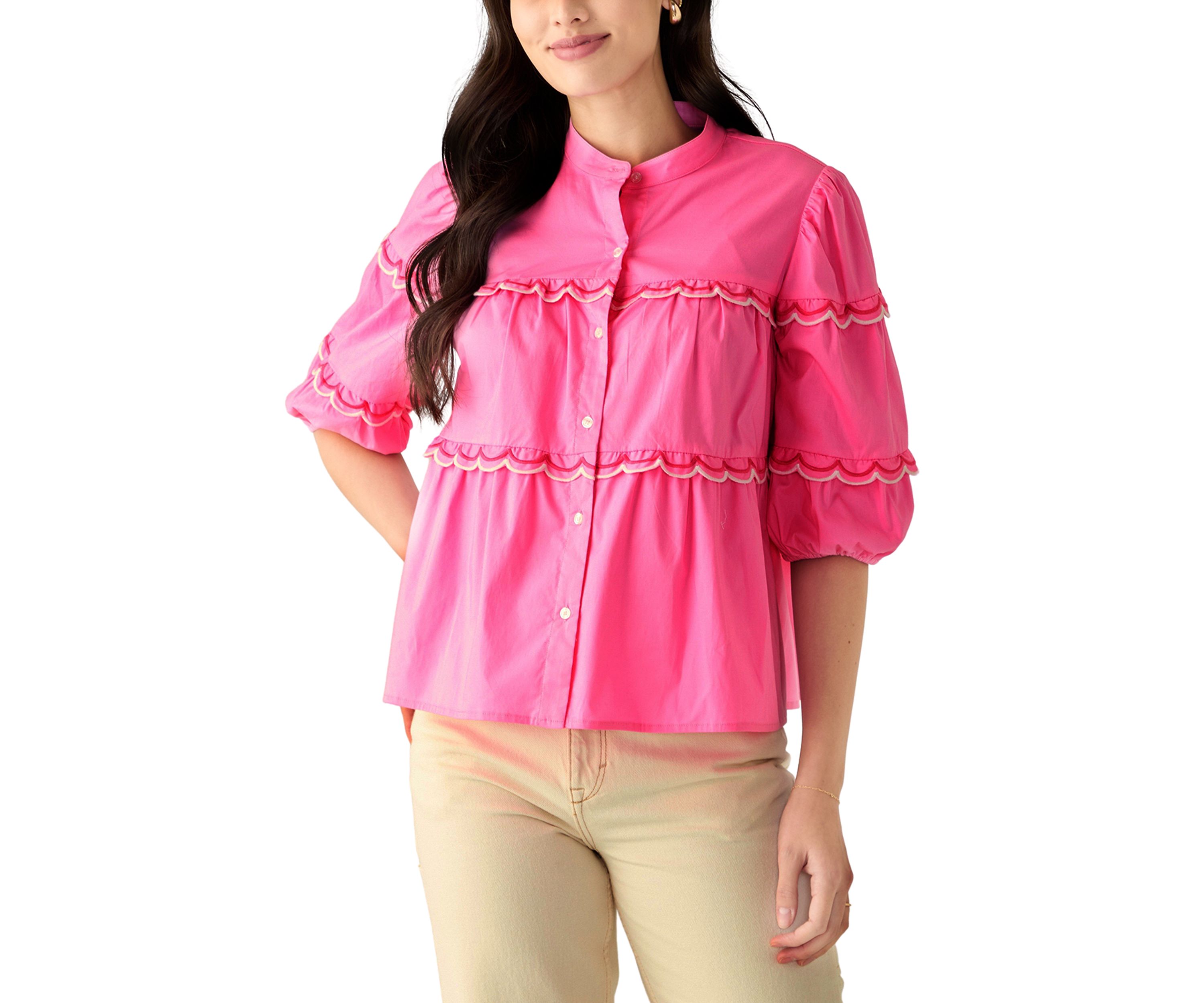 Petite Button Front Scallop Tiered Woven Blouse