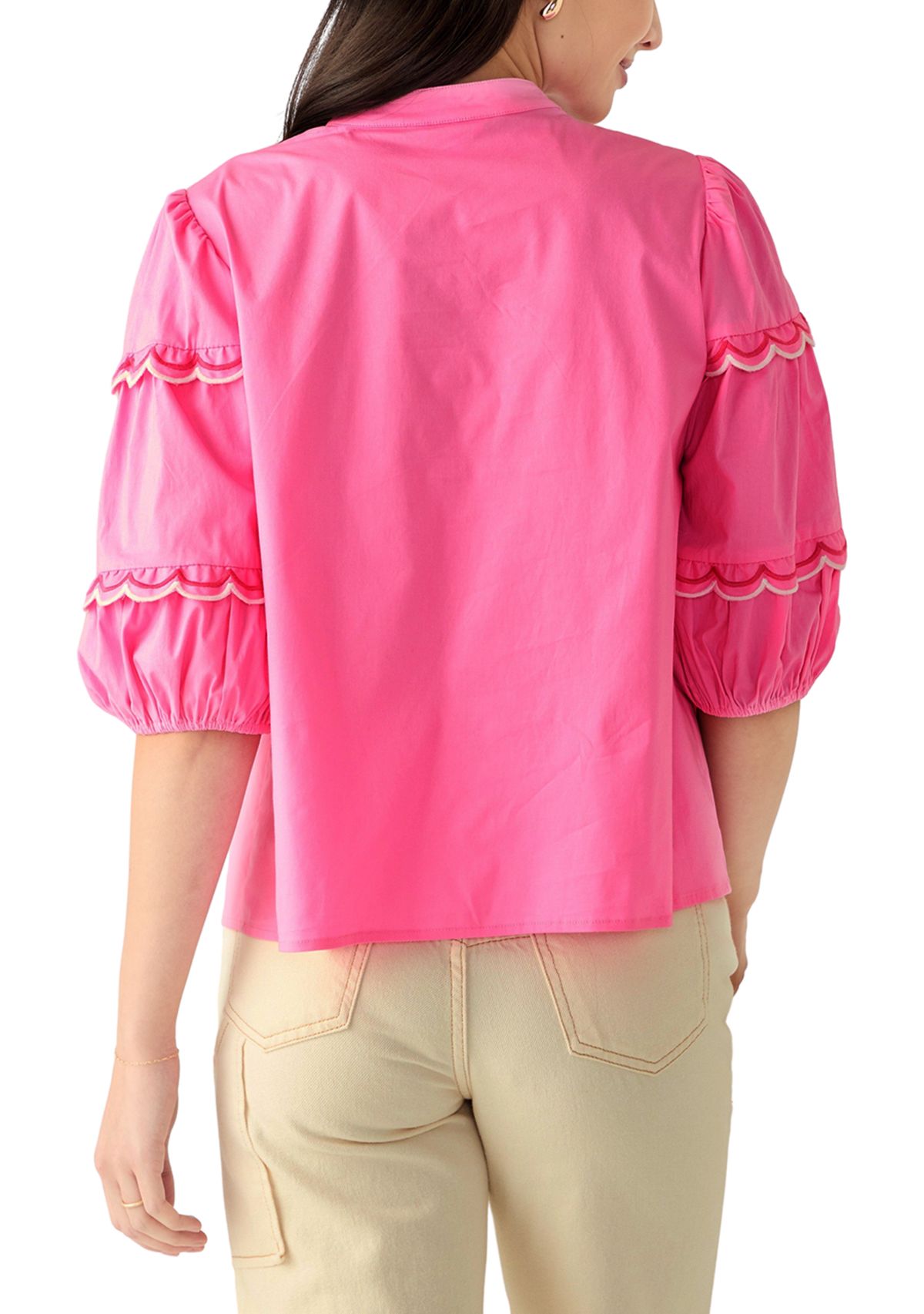 Petite Button Front Scallop Tiered Woven Blouse