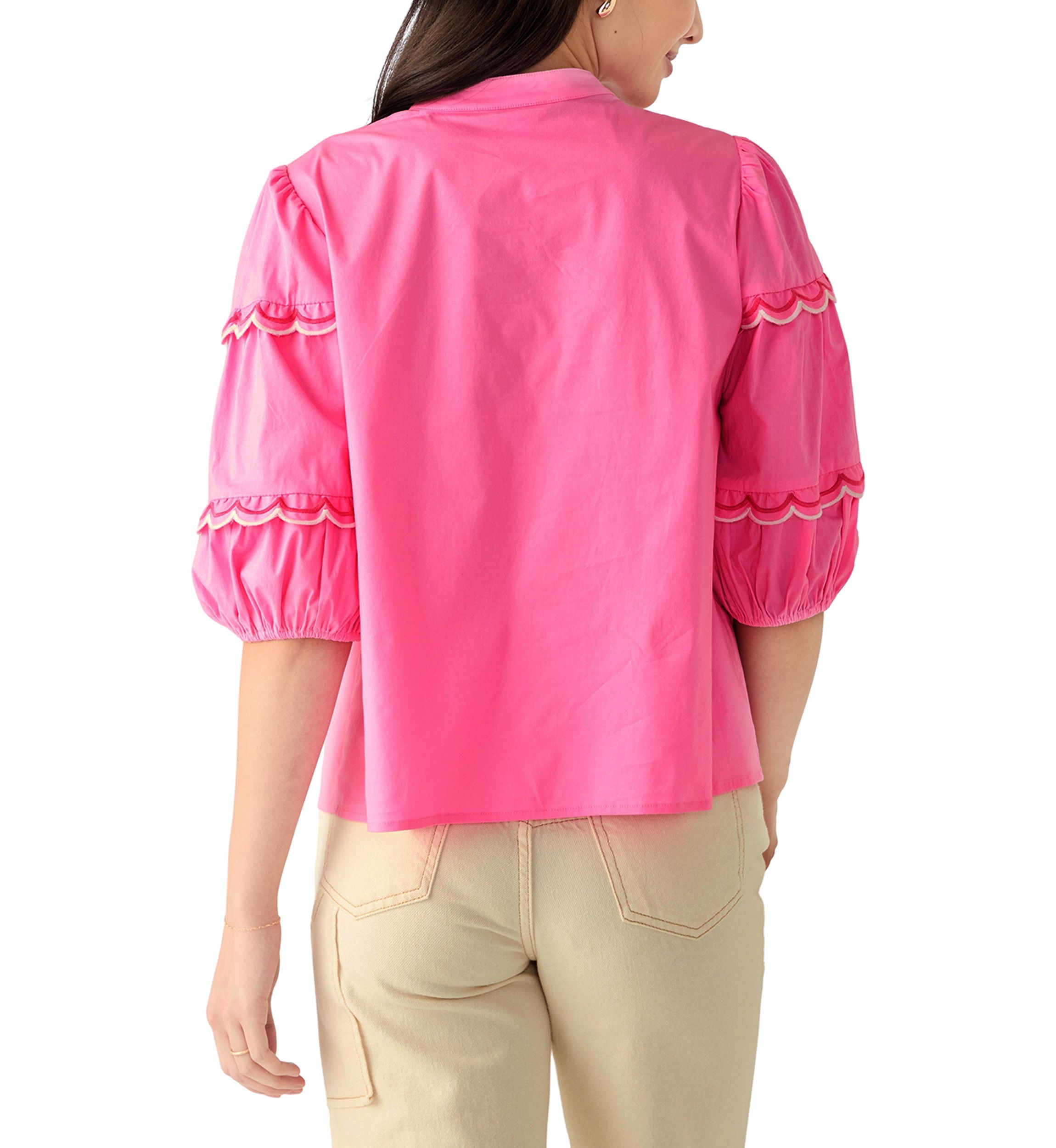Petite Button Front Scallop Tiered Woven Blouse