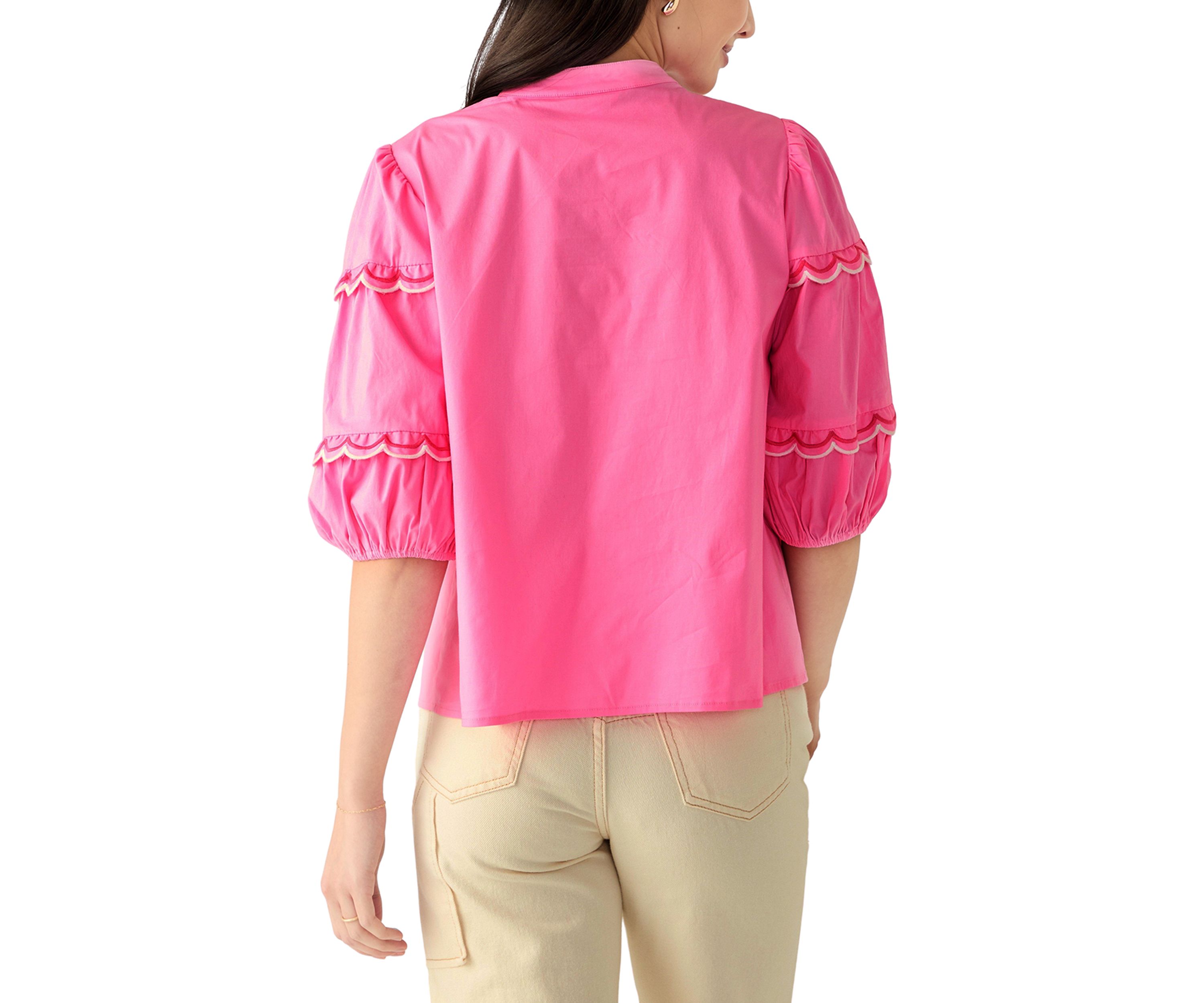 Petite Button Front Scallop Tiered Woven Blouse