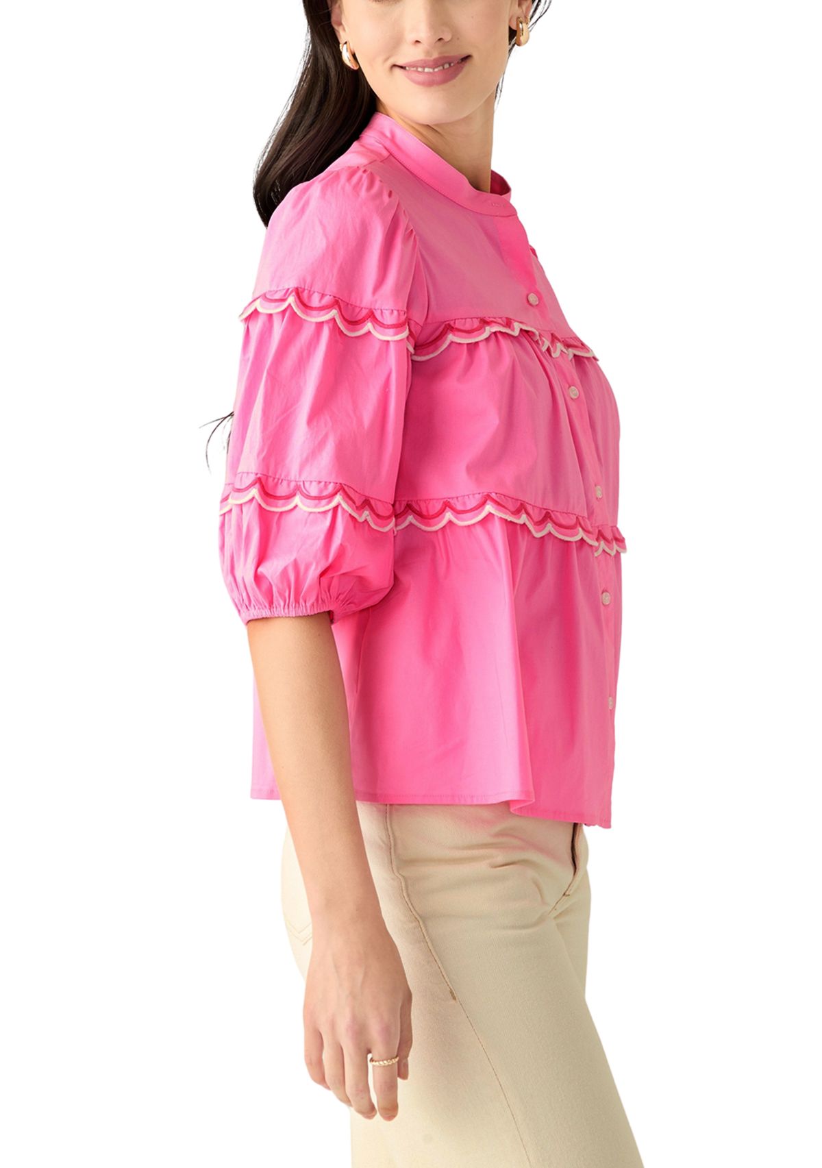 Petite Button Front Scallop Tiered Woven Blouse