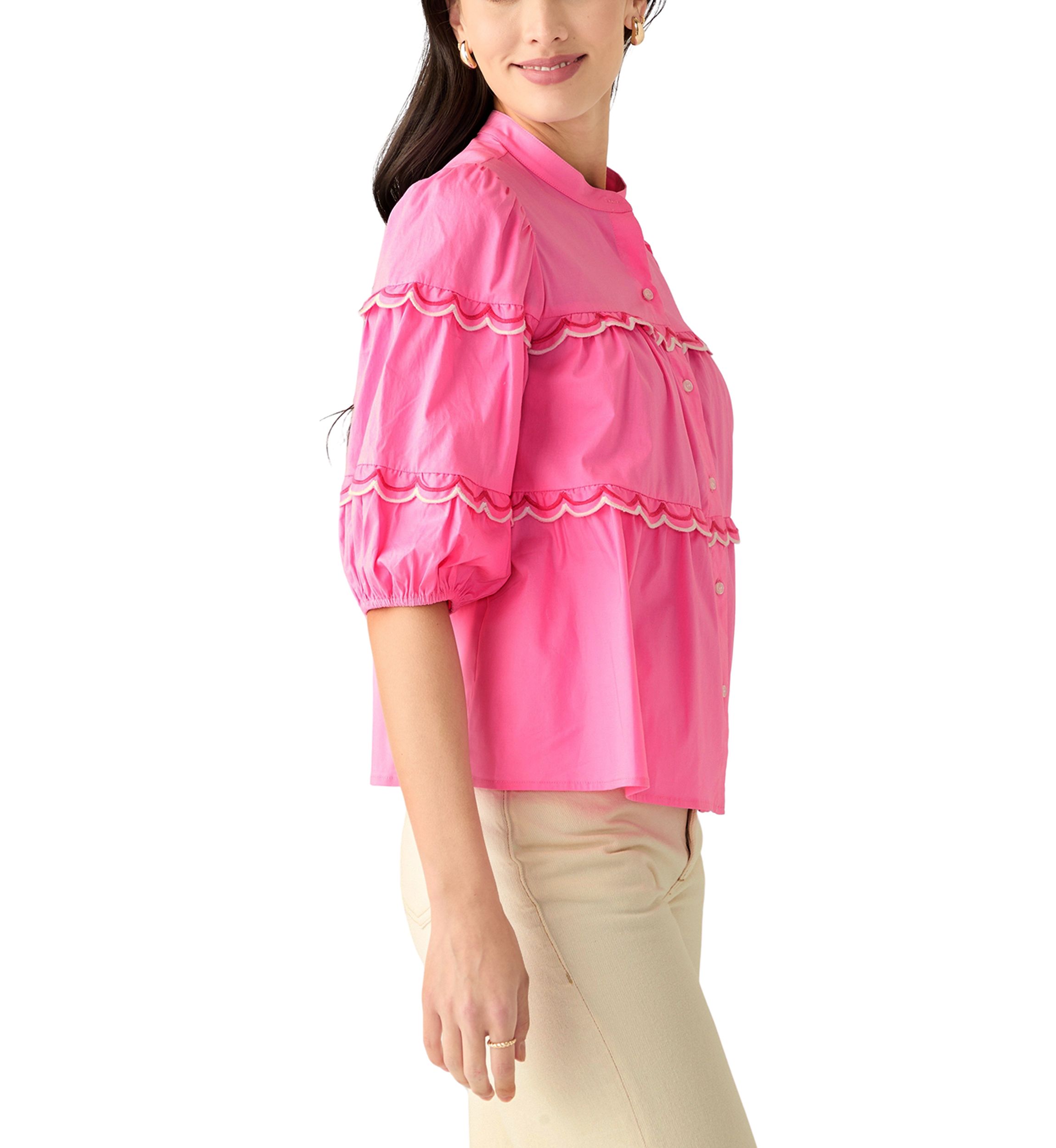 Petite Button Front Scallop Tiered Woven Blouse
