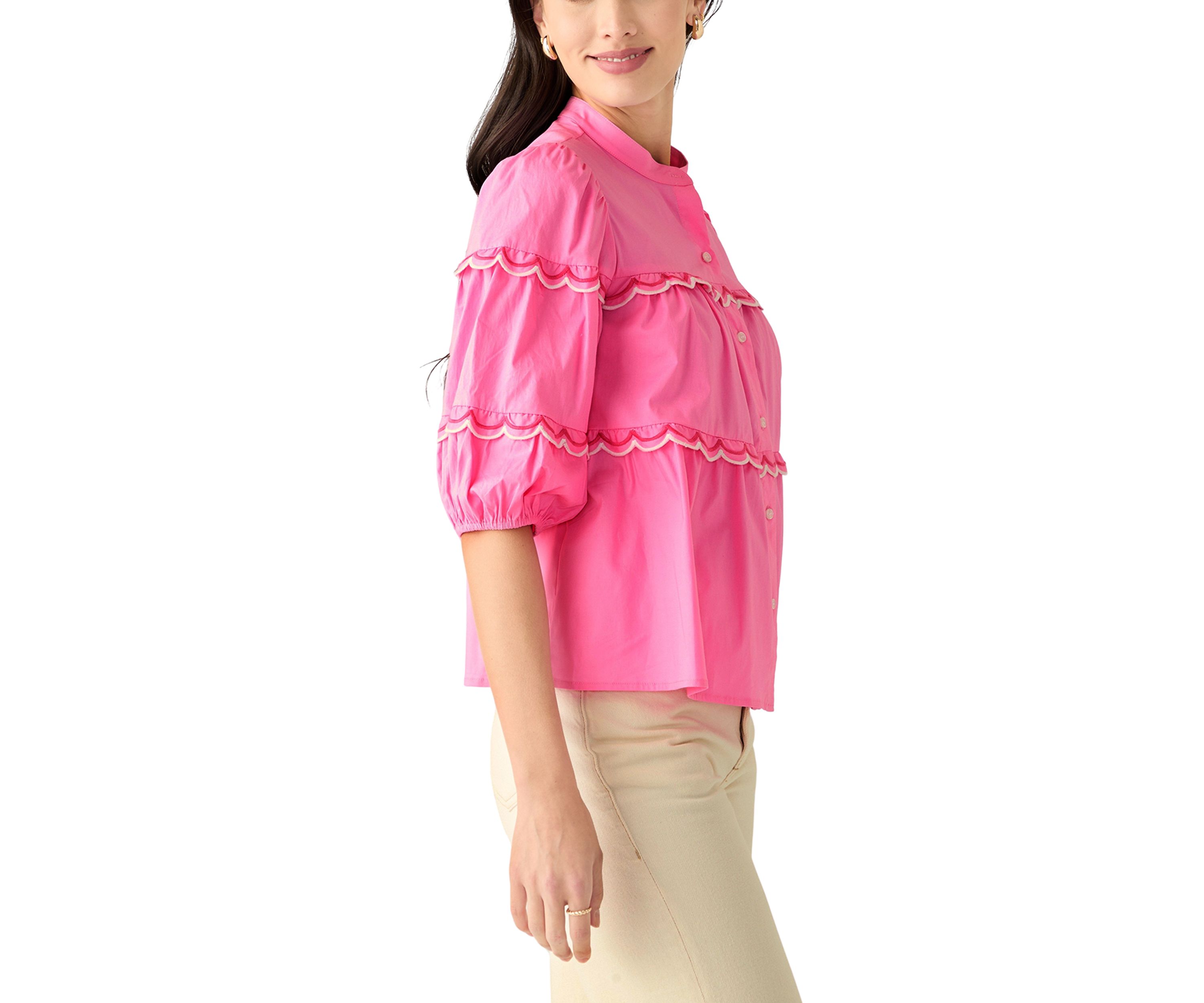 Petite Button Front Scallop Tiered Woven Blouse