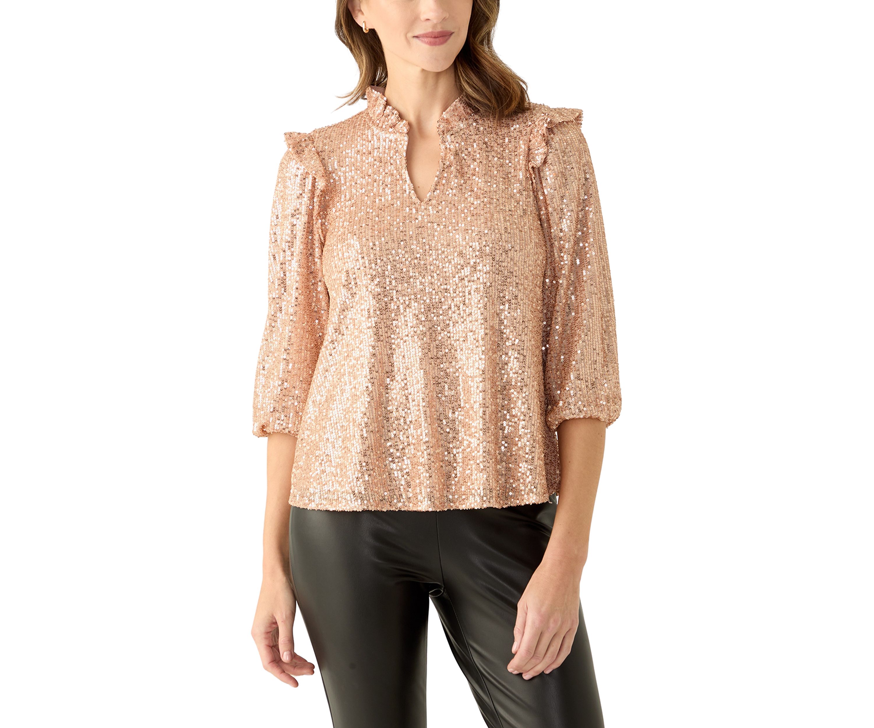 Womens 3/4 Ruffle Sleeve Sequin Top